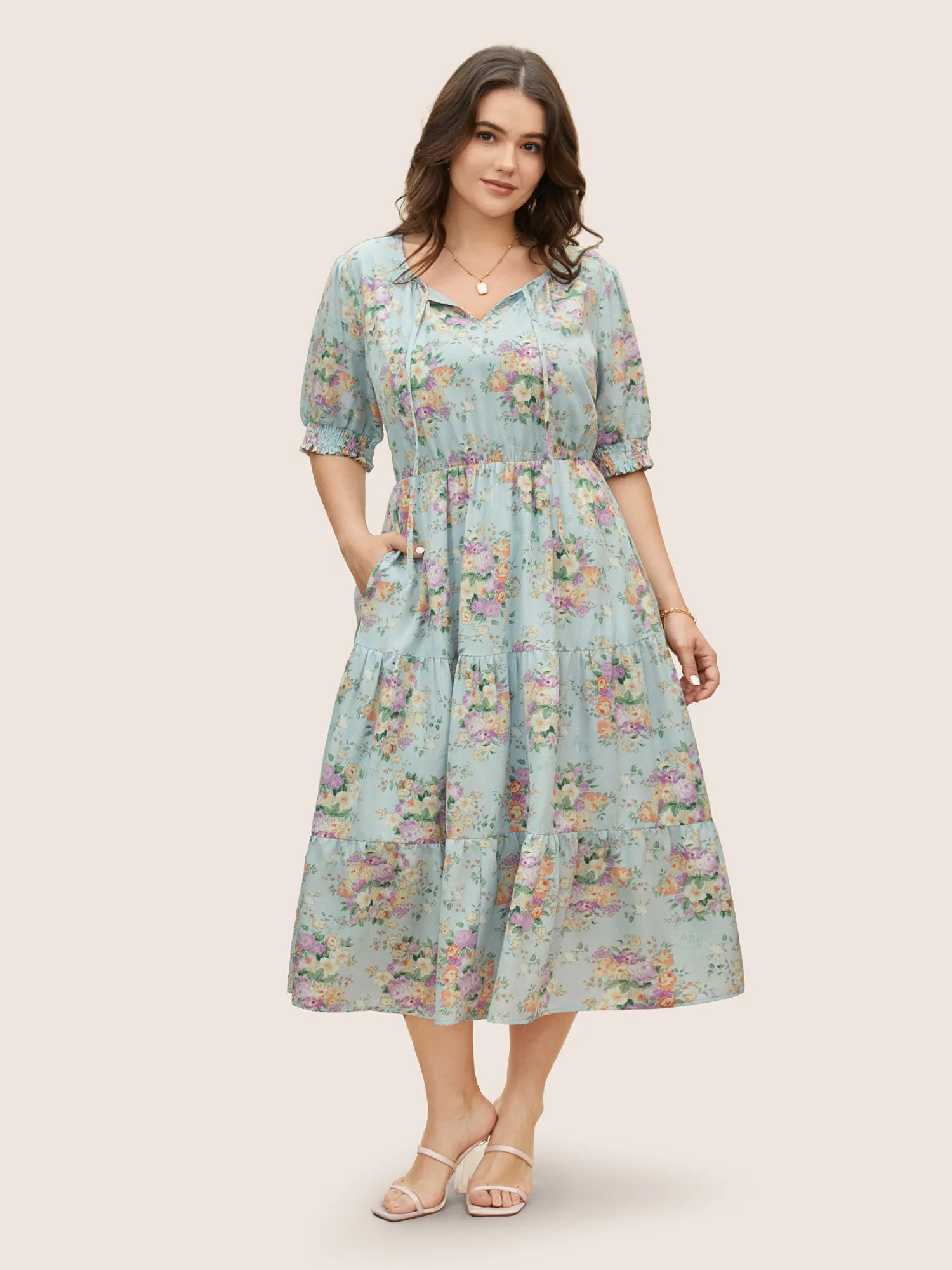 Floral Shirred Tie Knot Lantern Sleeve Dress sold by Bloomchic product image thumbnail 3