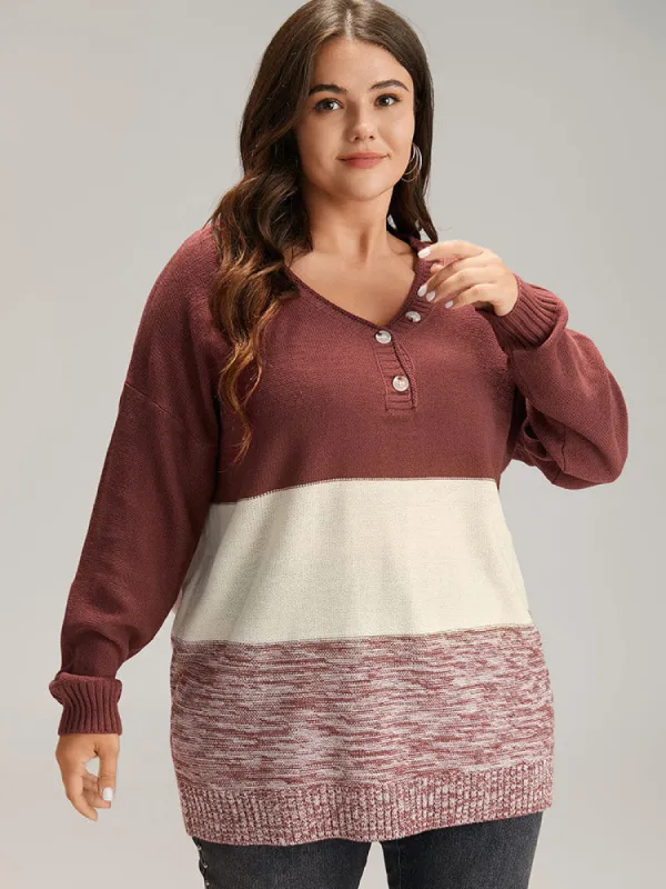 Contrast Heather V Neck Button Detail Pullover sold by Bloomchic