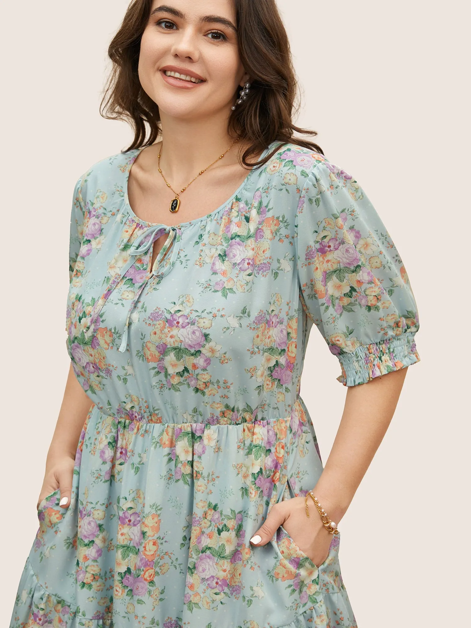 Floral Shirred Tie Knot Lantern Sleeve Dress sold by Bloomchic product image thumbnail 2