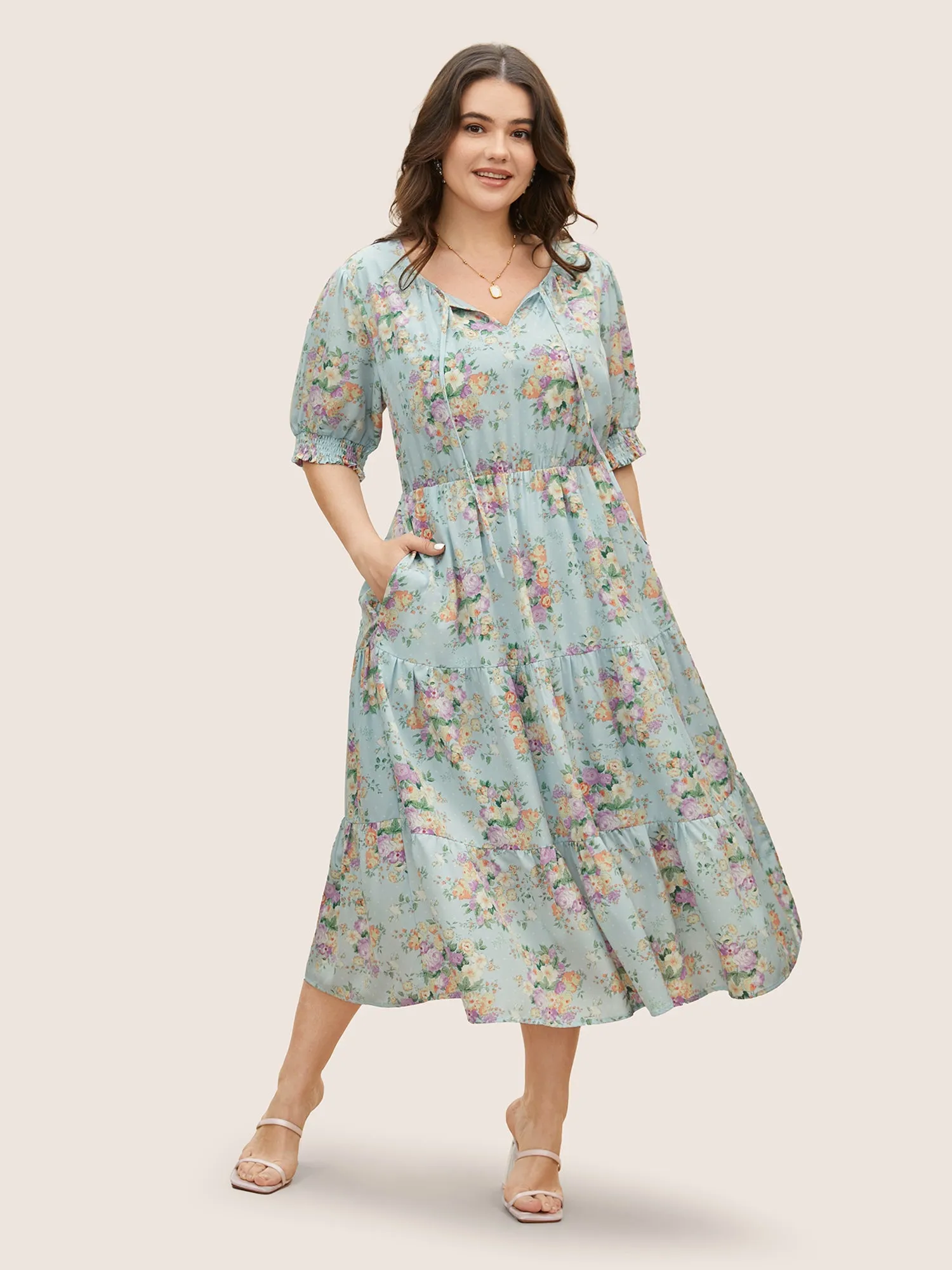Floral Shirred Tie Knot Lantern Sleeve Dress sold by Bloomchic