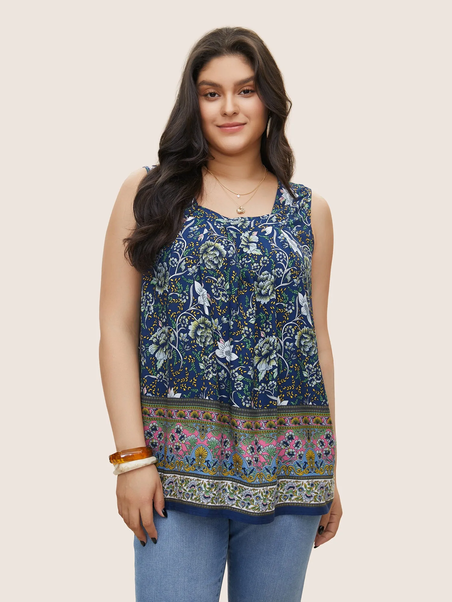 Boho Print Plicated Detail Square Neck Tank Top sold by Bloomchic