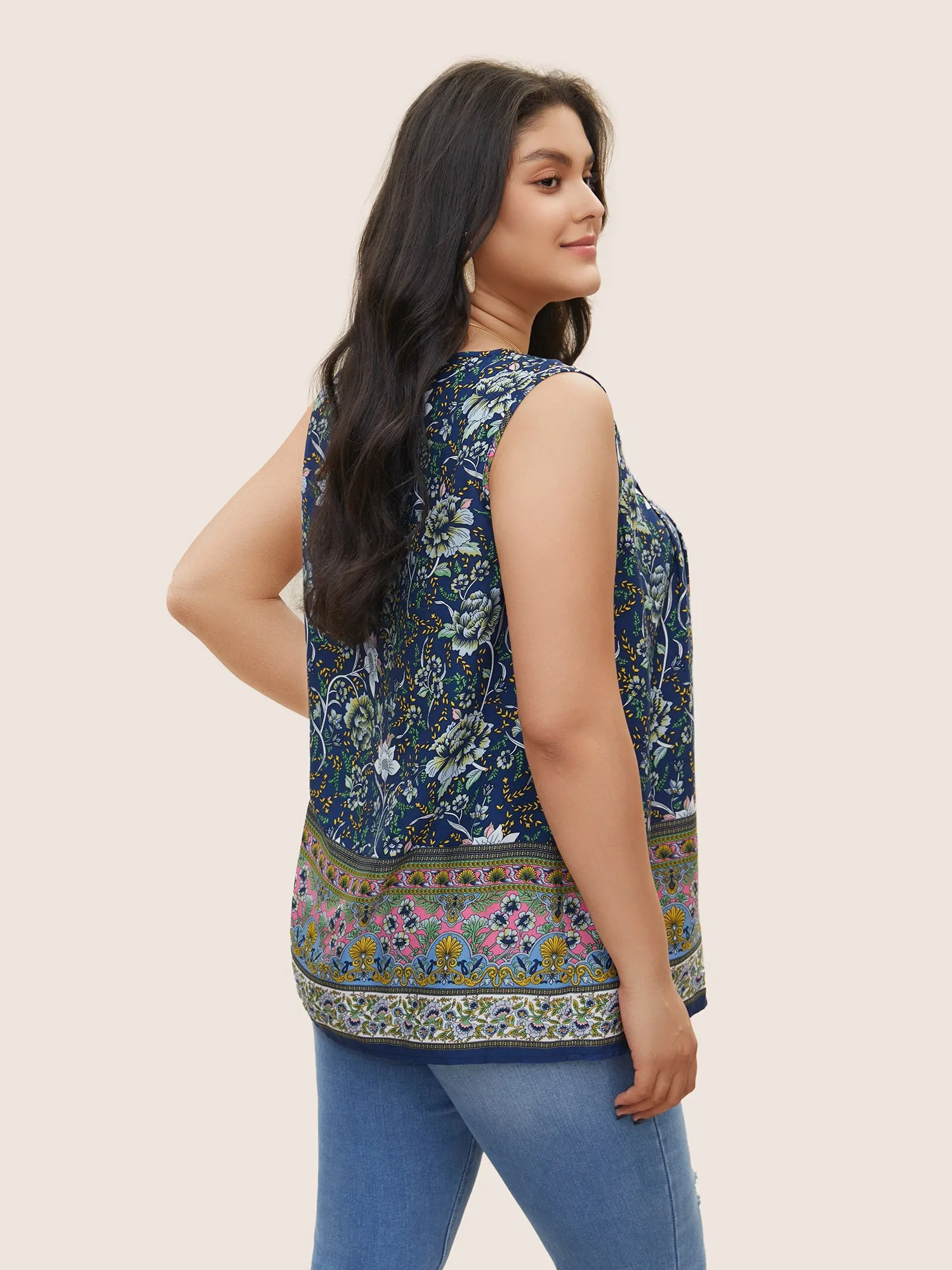 Boho Print Plicated Detail Square Neck Tank Top sold by Bloomchic product image thumbnail 4