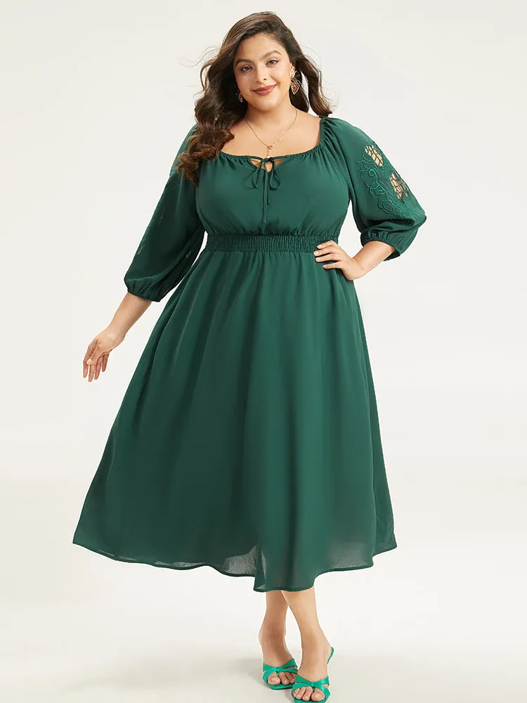 Plain Tie Neck Cut Out Shirred Dress sold by Bloomchic