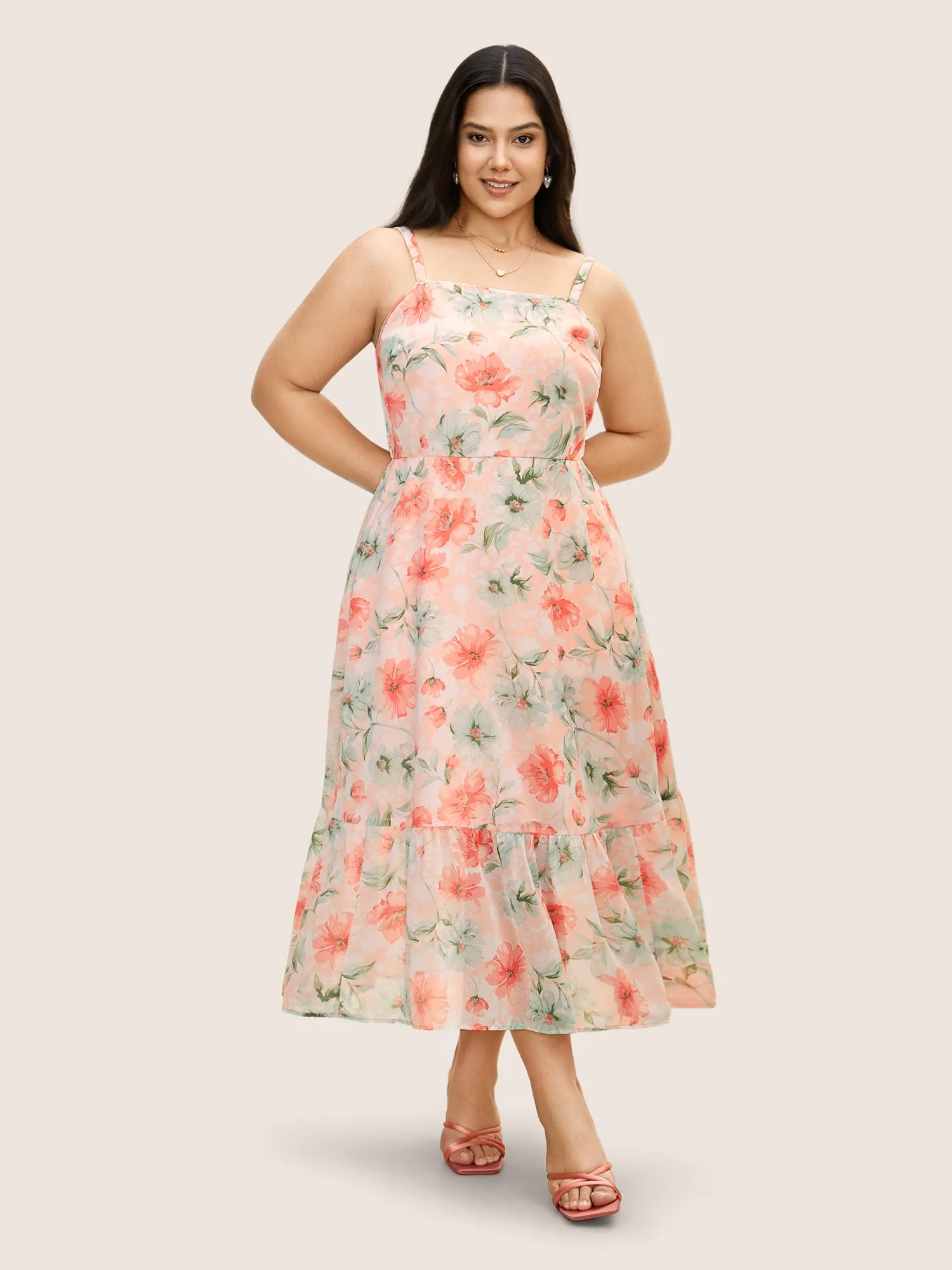 Watercolor Floral Shirred Ruffle Hem Cami Dress sold by Bloomchic product image thumbnail 3