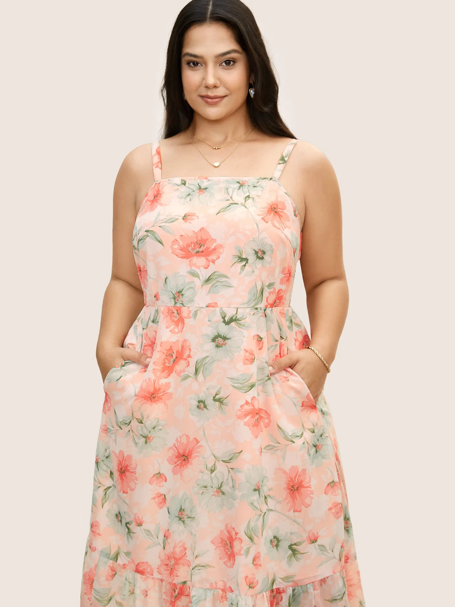 Watercolor Floral Shirred Ruffle Hem Cami Dress sold by Bloomchic product image thumbnail 2