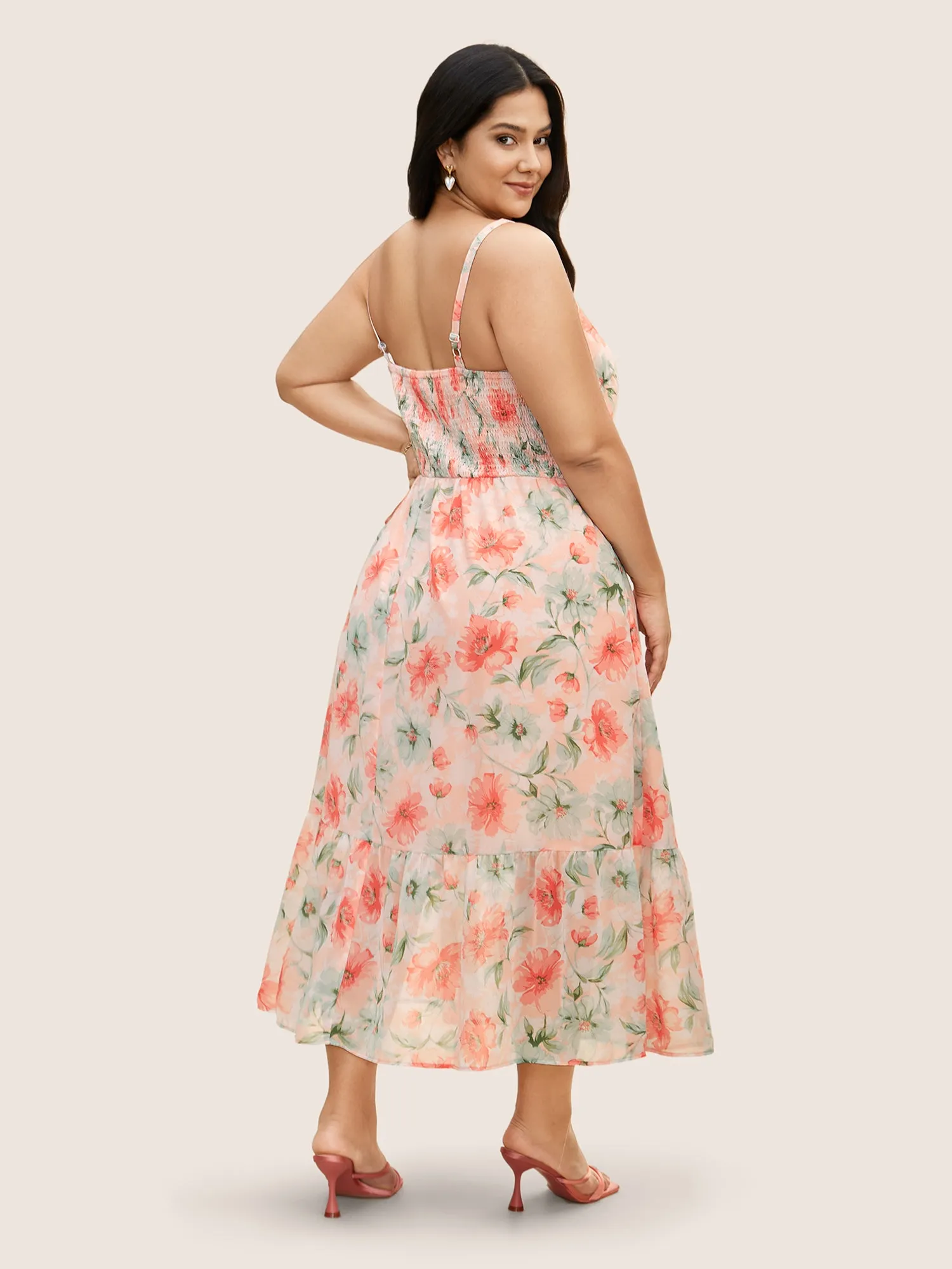 Watercolor Floral Shirred Ruffle Hem Cami Dress sold by Bloomchic product image thumbnail 4