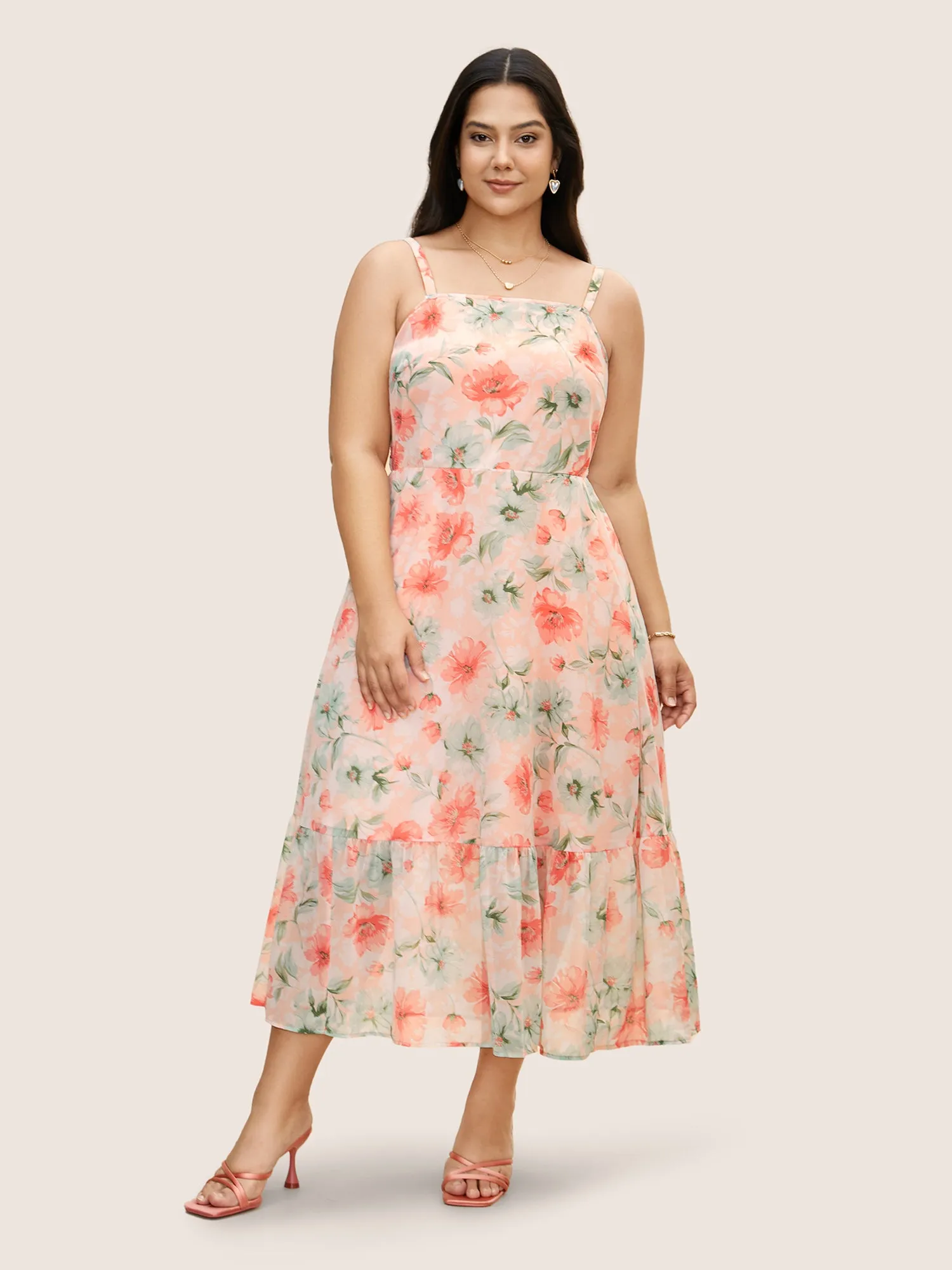Watercolor Floral Shirred Ruffle Hem Cami Dress sold by Bloomchic