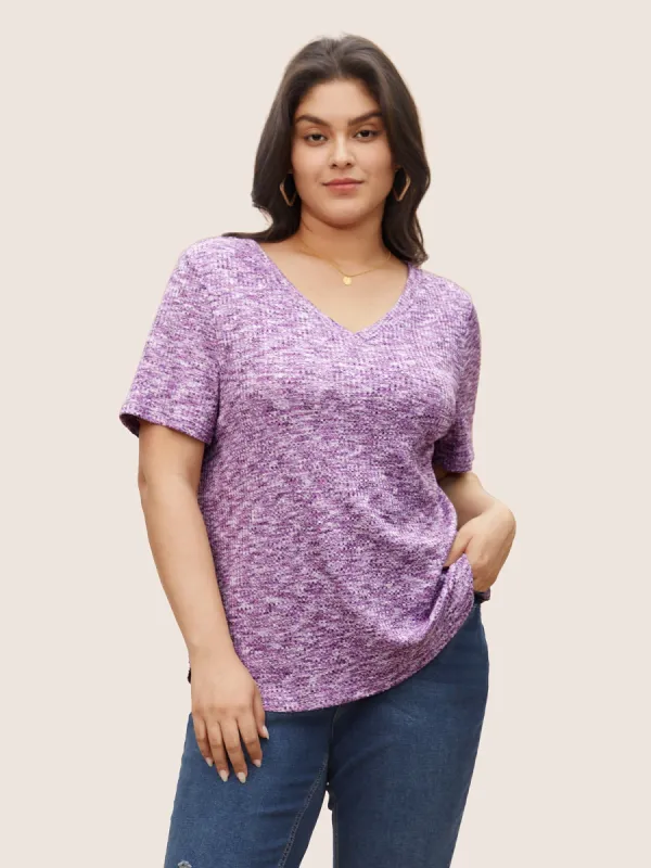 Waffle Knit V Neck Curved Hem T-shirt sold by Bloomchic