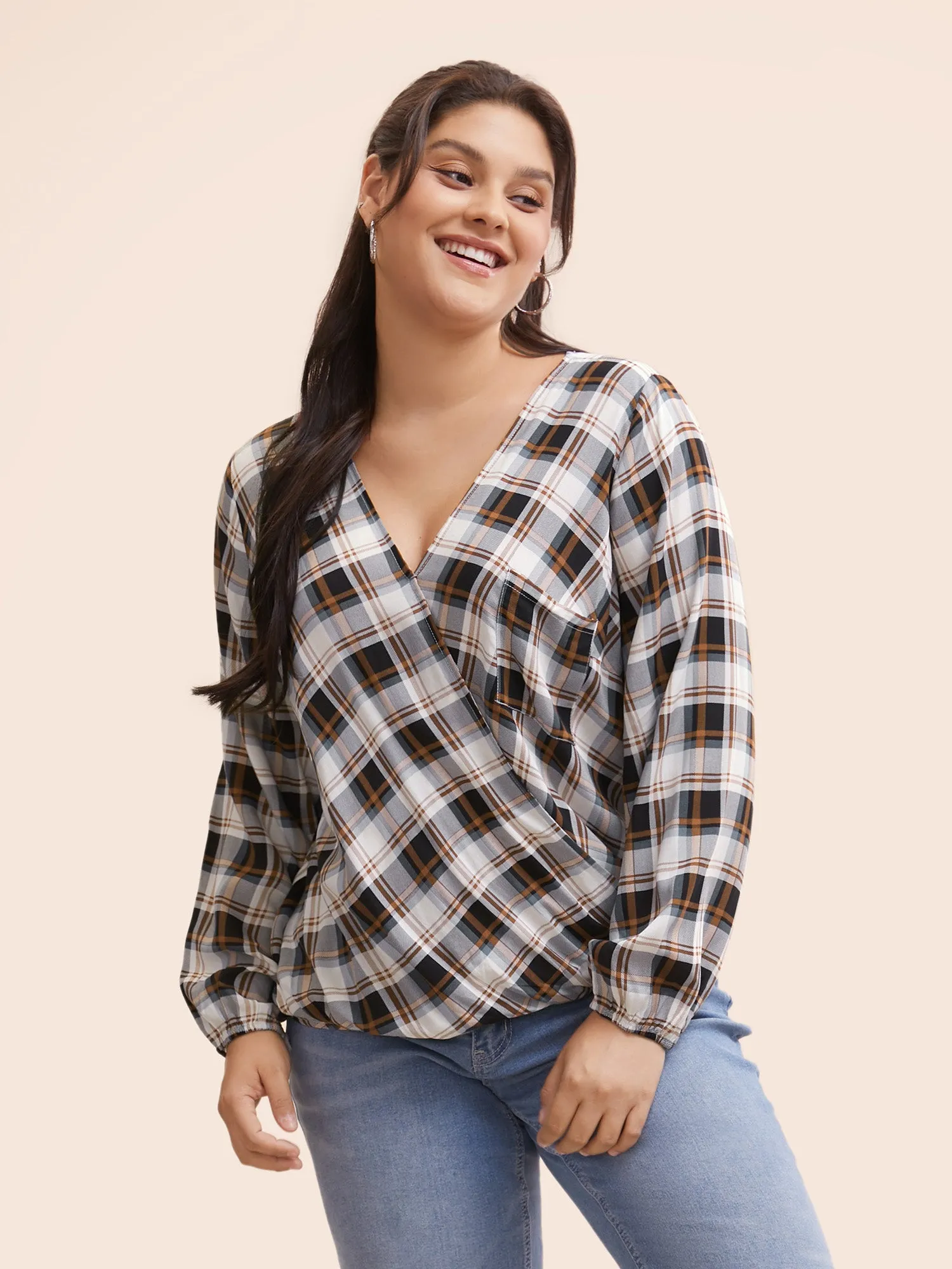 Plaid Overlap Collar Patch Pocket Blouse sold by Bloomchic