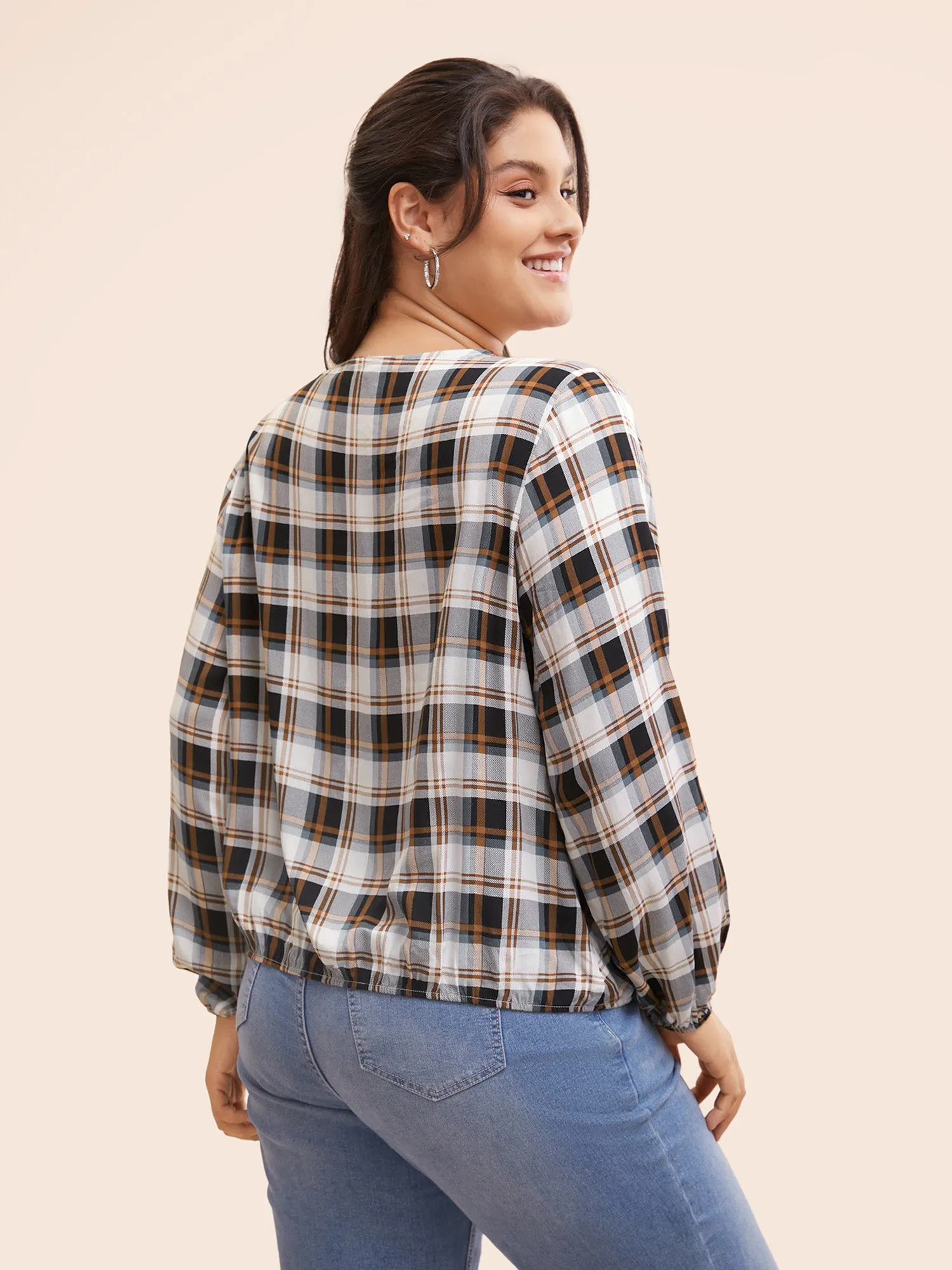 Plaid Overlap Collar Patch Pocket Blouse sold by Bloomchic product image thumbnail 2