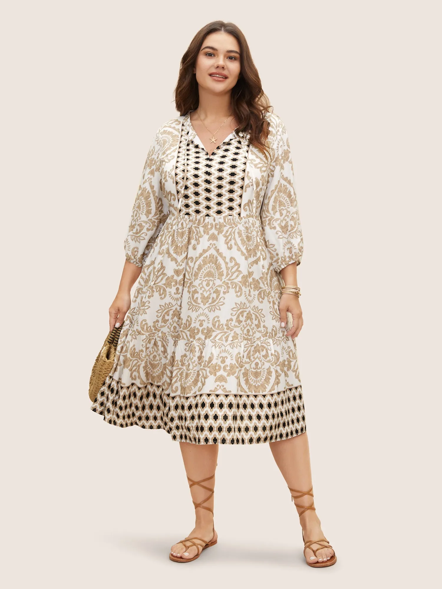 Boho Print Tie Knot Lantern Sleeve Dress sold by Bloomchic product image thumbnail 3
