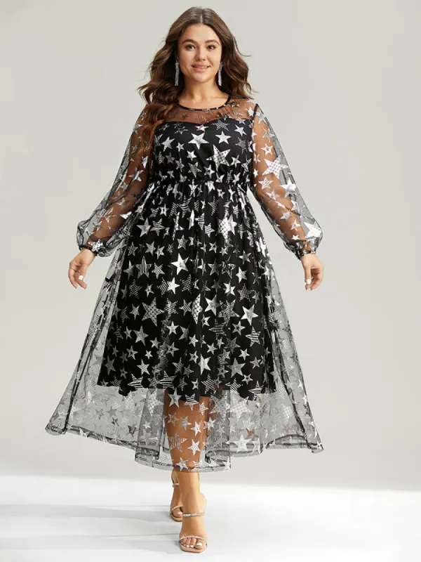 Christmas Star Mesh Patchwork Lantern Sleeve Dress sold by Bloomchic