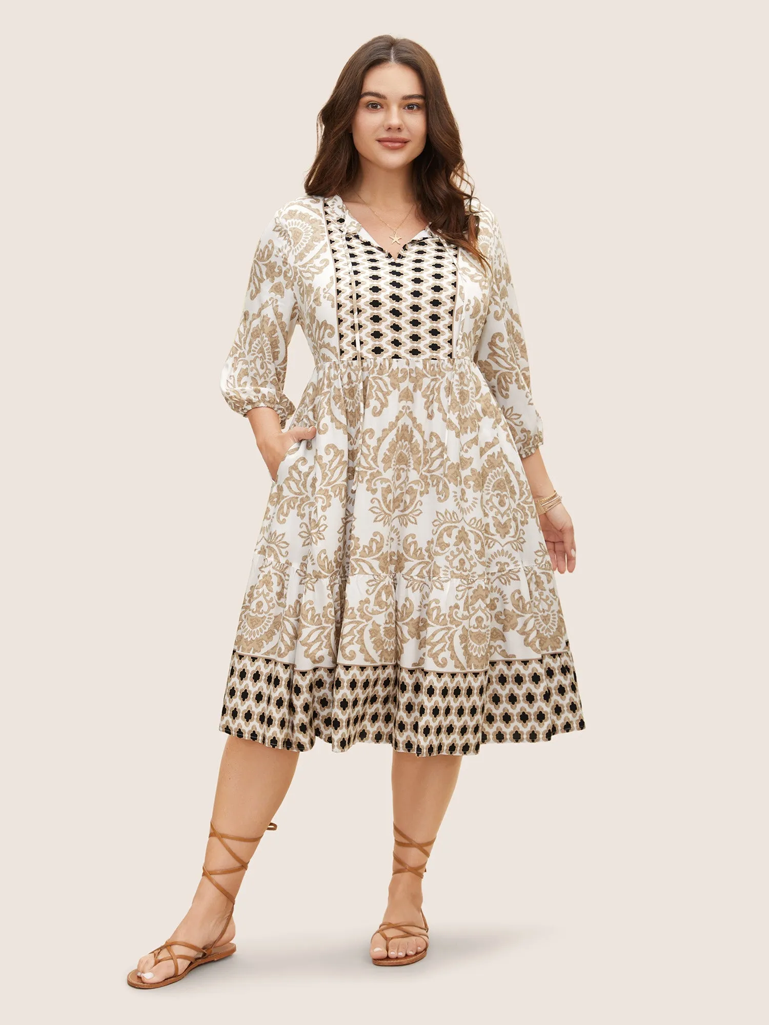 Boho Print Tie Knot Lantern Sleeve Dress sold by Bloomchic