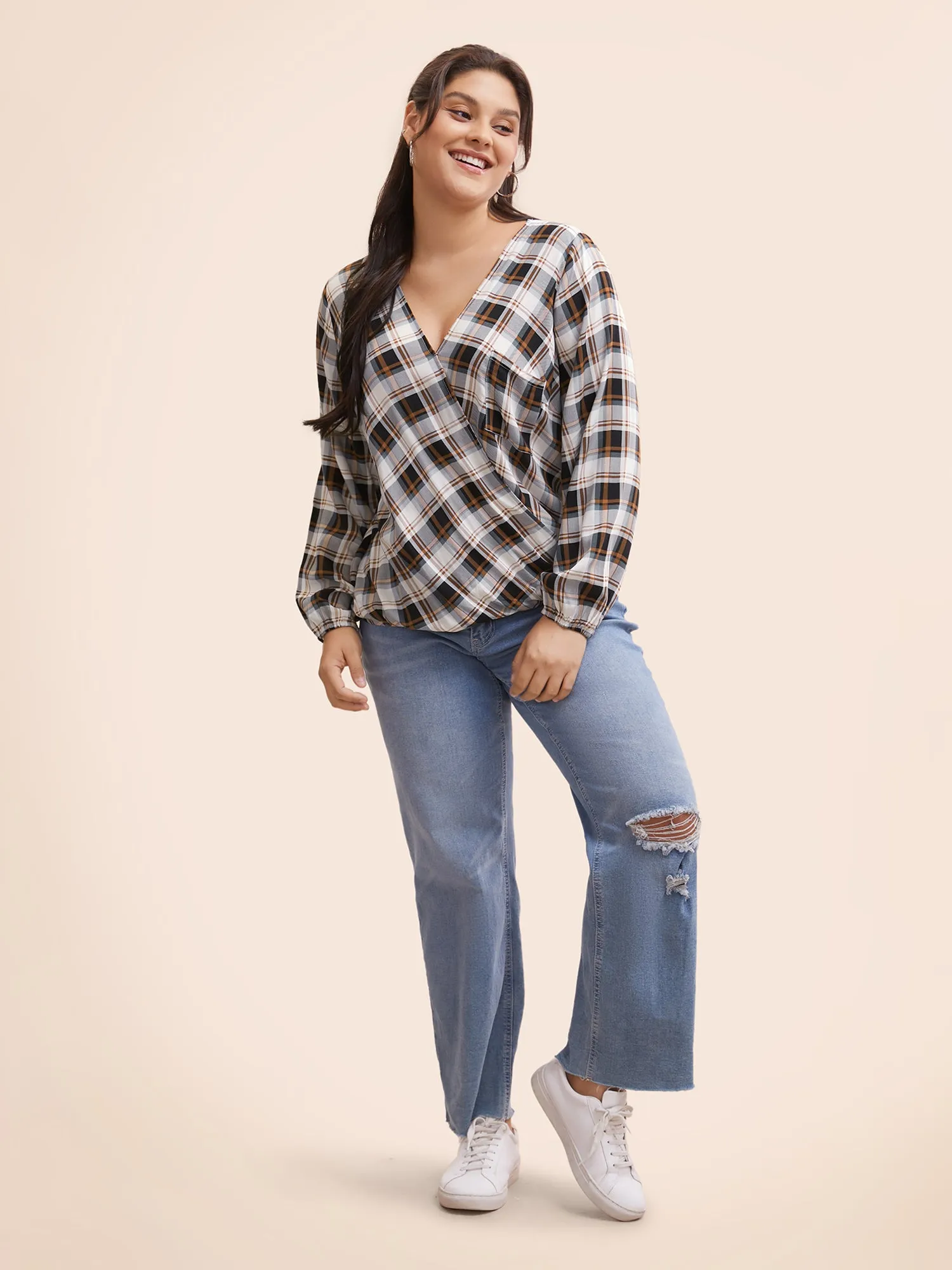 Plaid Overlap Collar Patch Pocket Blouse sold by Bloomchic product image thumbnail 3