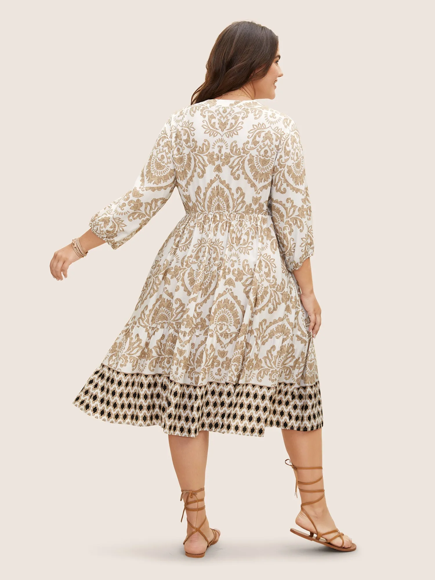 Boho Print Tie Knot Lantern Sleeve Dress sold by Bloomchic product image thumbnail 4