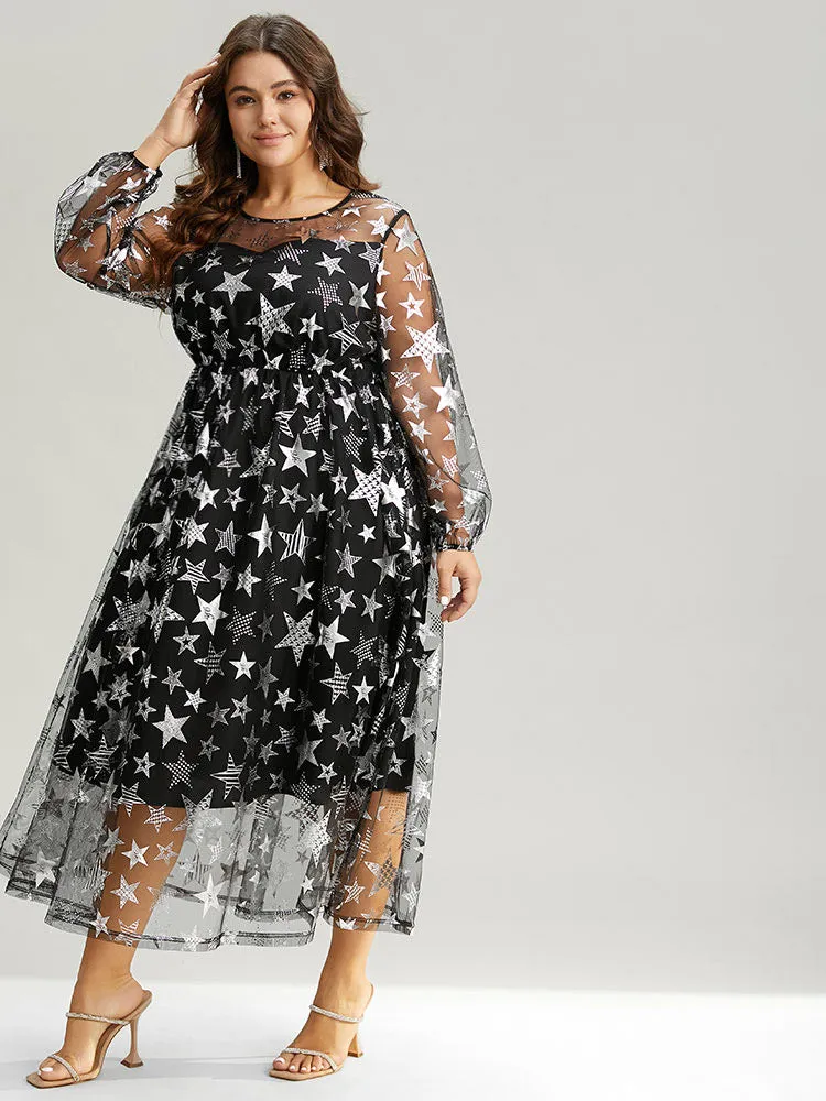 Christmas Star Mesh Patchwork Lantern Sleeve Dress sold by Bloomchic product image thumbnail 4