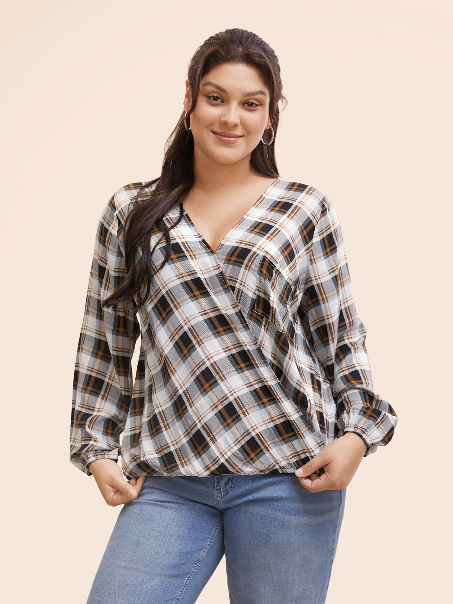 Plaid Overlap Collar Patch Pocket Blouse sold by Bloomchic product image thumbnail 4