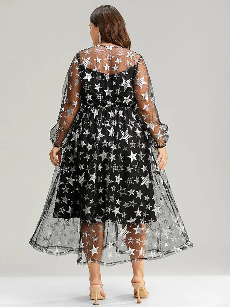 Christmas Star Mesh Patchwork Lantern Sleeve Dress sold by Bloomchic product image thumbnail 5