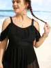 Solid Ruffle Trim Patchwork Mesh Swim Dress sold by Bloomchic
