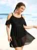 Solid Ruffle Trim Patchwork Mesh Swim Dress sold by Bloomchic
