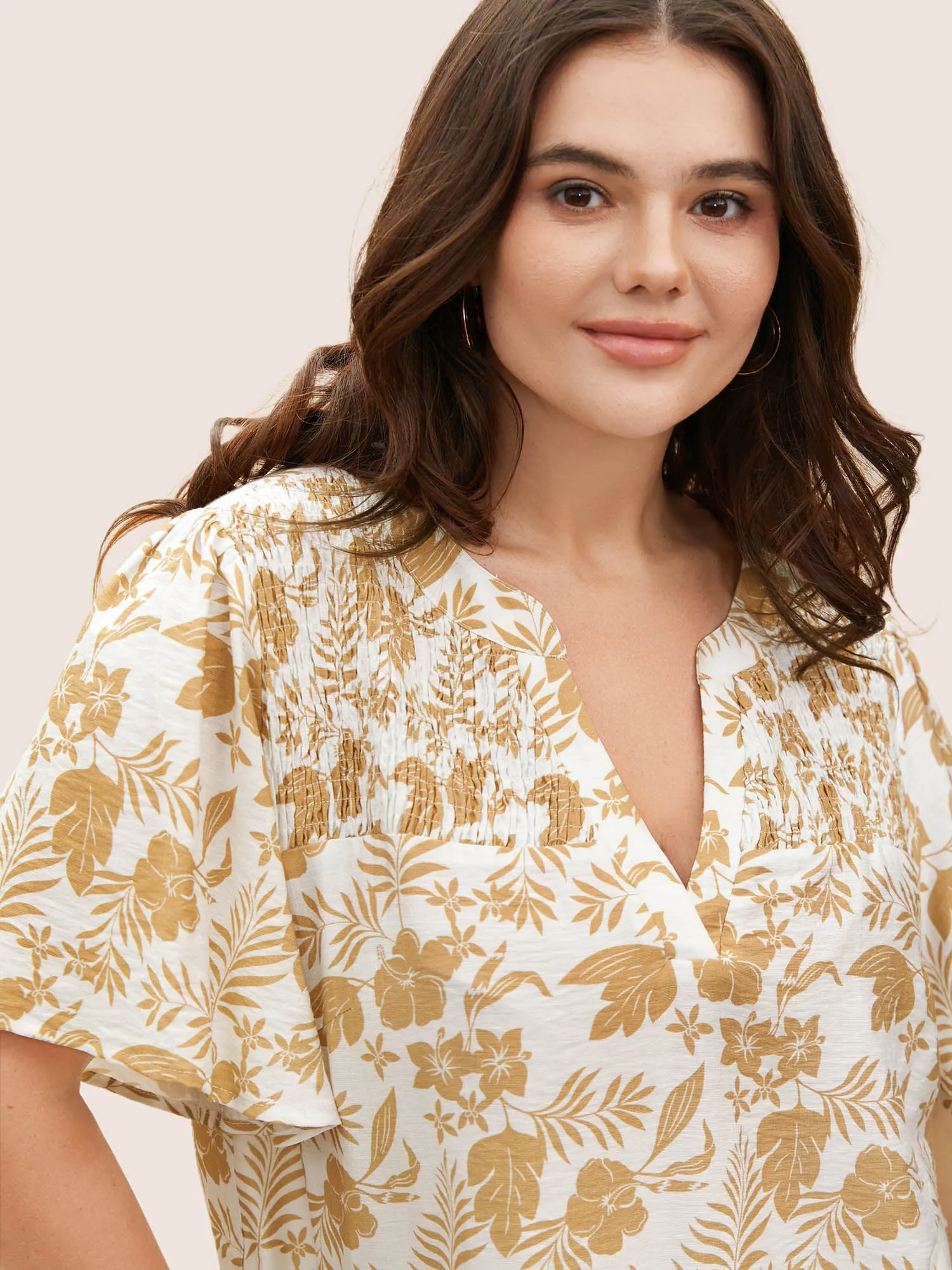 Cotton Linen Floral Notched Collar Shirred Blouse sold by Bloomchic product image thumbnail 3