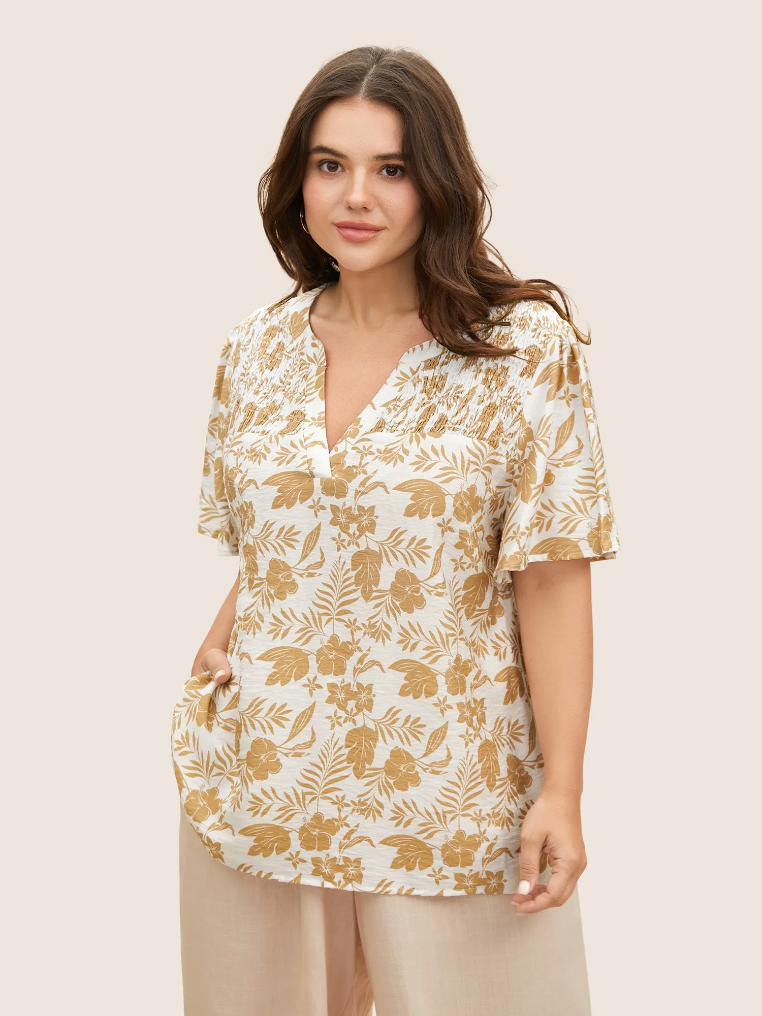 Cotton Linen Floral Notched Collar Shirred Blouse sold by Bloomchic