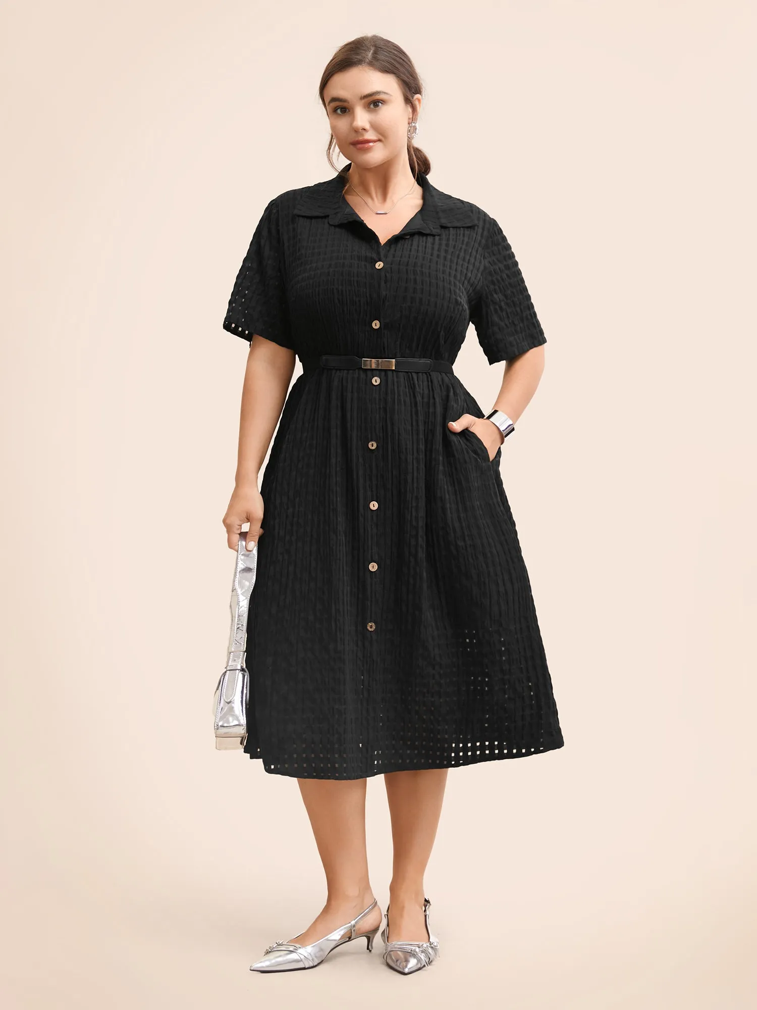Plain Shirt Collar Texture Midi Dress sold by Bloomchic product image thumbnail 4