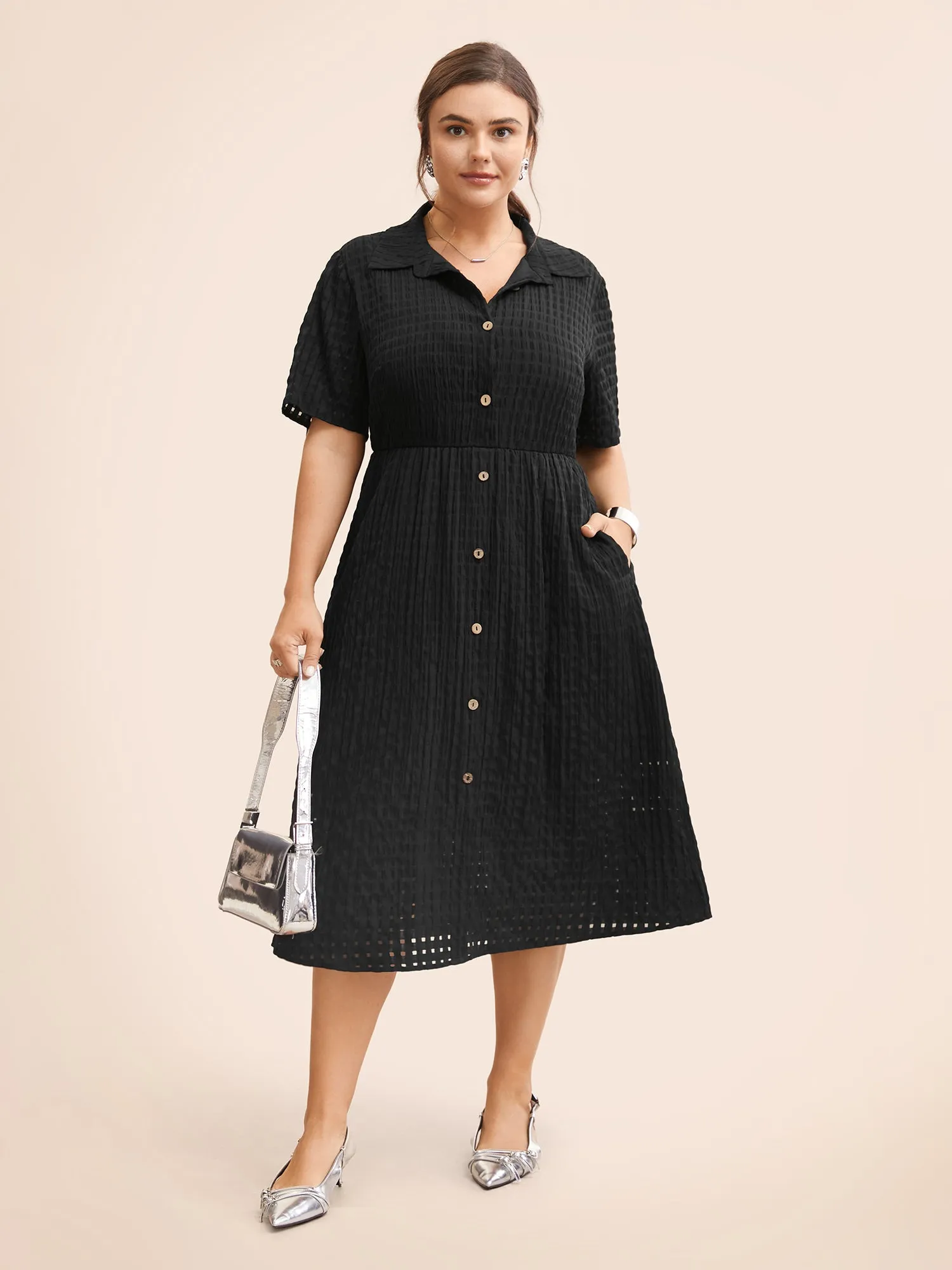 Plain Shirt Collar Texture Midi Dress sold by Bloomchic product image thumbnail 3