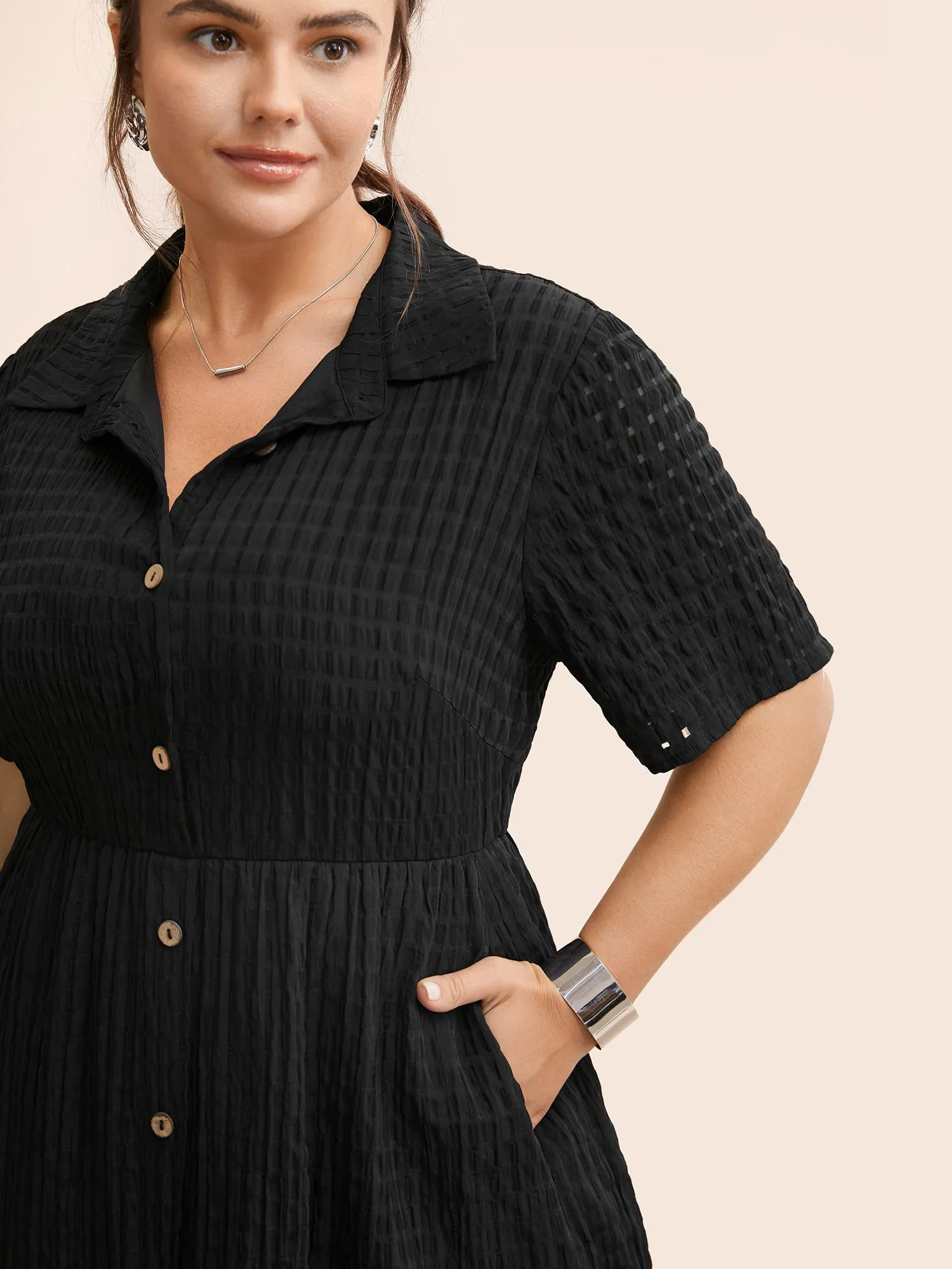 Plain Shirt Collar Texture Midi Dress sold by Bloomchic product image thumbnail 2