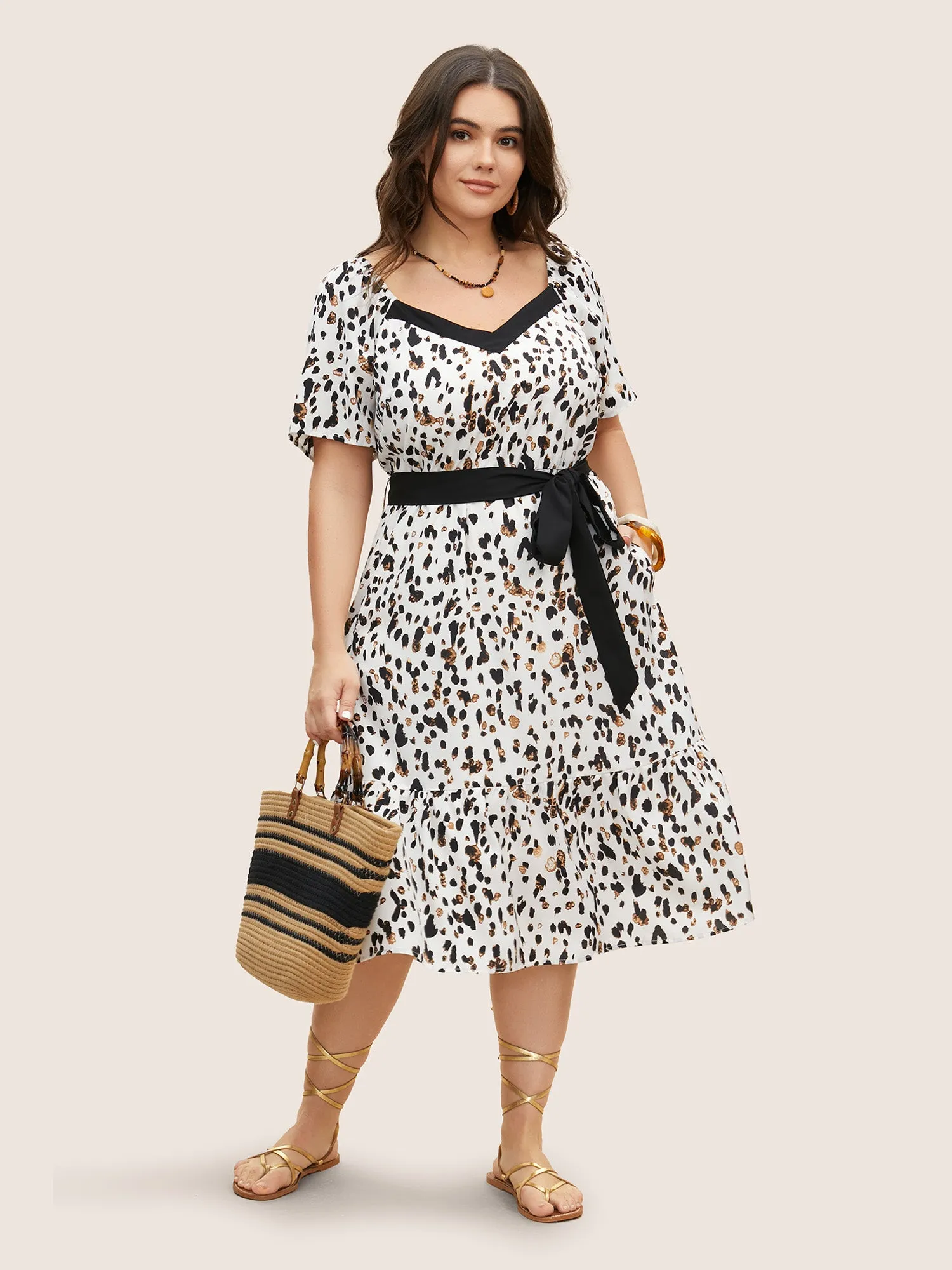 Heart Neckline Leopard Print Belted Gathered Dress sold by Bloomchic product image thumbnail 2