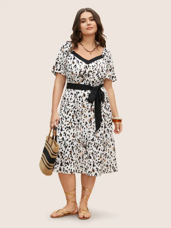 Heart Neckline Leopard Print Belted Gathered Dress sold by Bloomchic