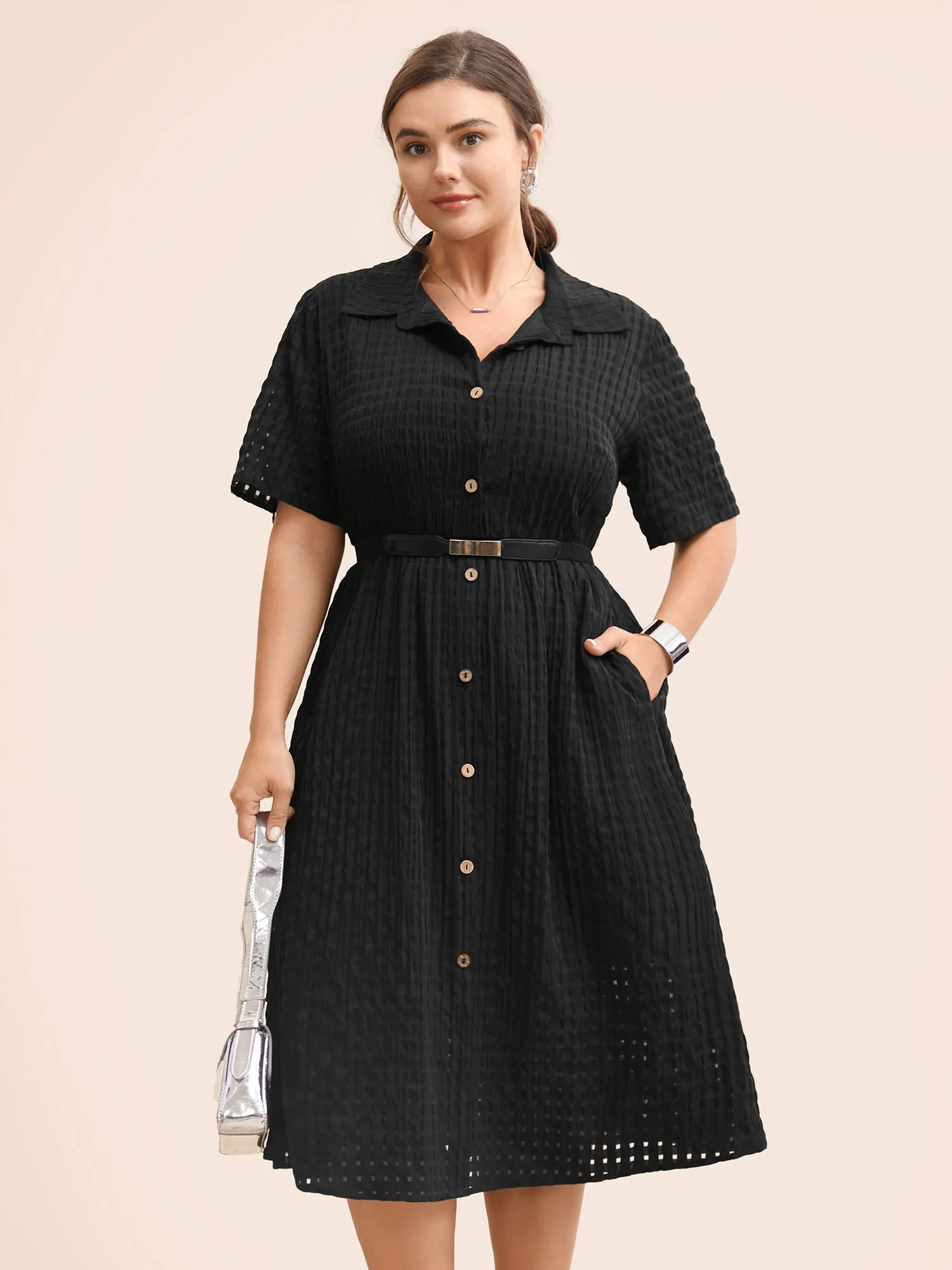 Plain Shirt Collar Texture Midi Dress sold by Bloomchic