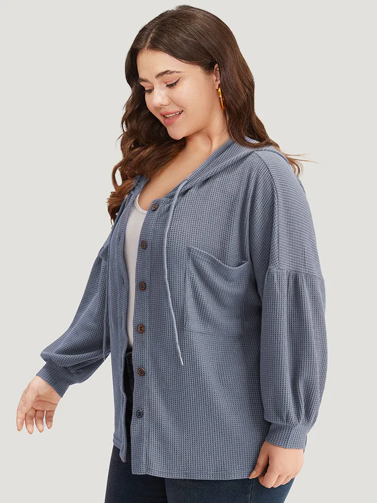 Plain Texture Pocket Button Through Drawstring Hooded Jacket sold by Bloomchic product image thumbnail 3