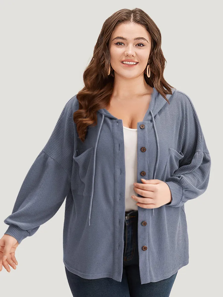 Plain Texture Pocket Button Through Drawstring Hooded Jacket sold by Bloomchic