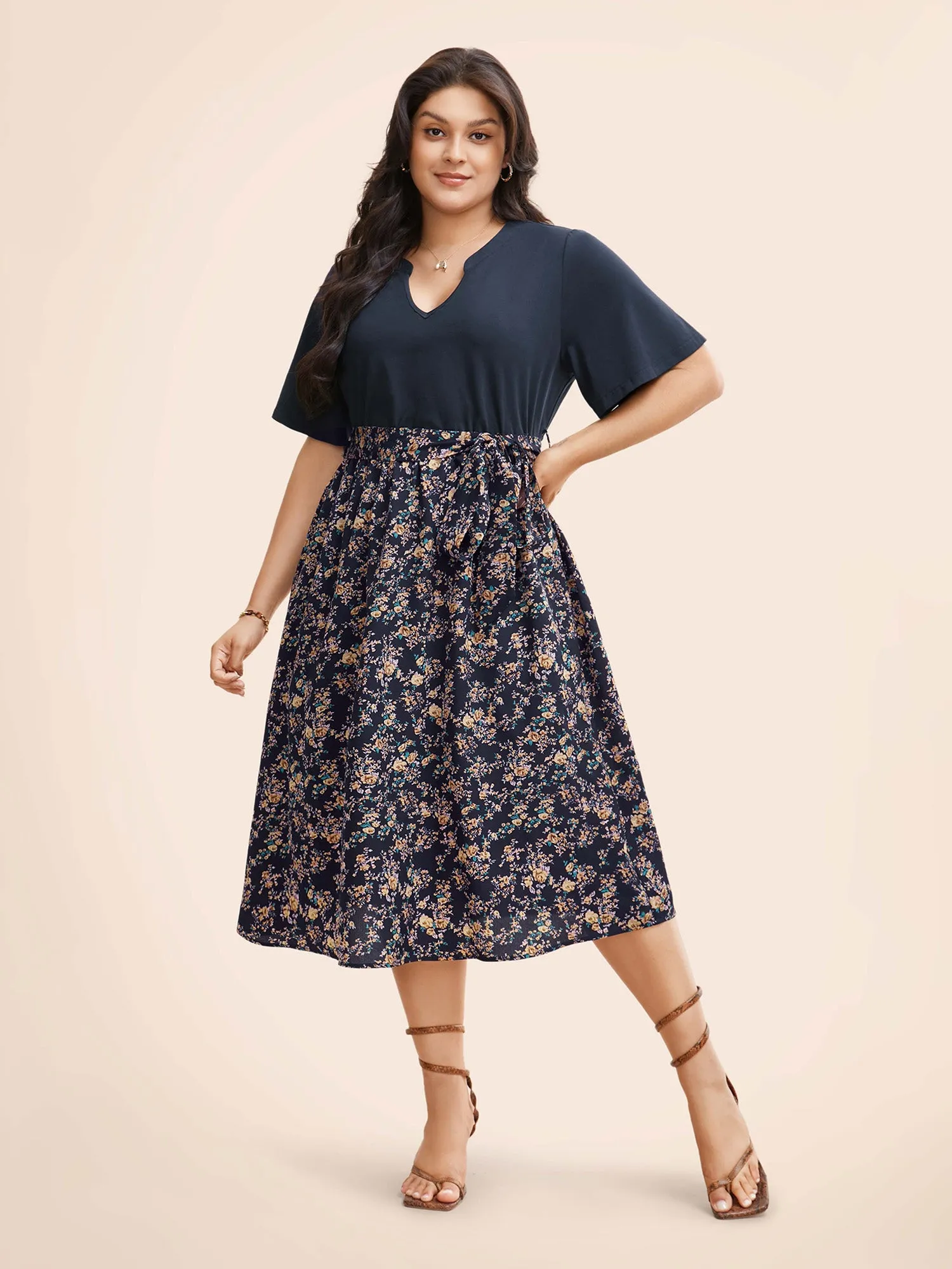Notched Collar Floral Patchwork Belted Dress sold by Bloomchic product image thumbnail 3