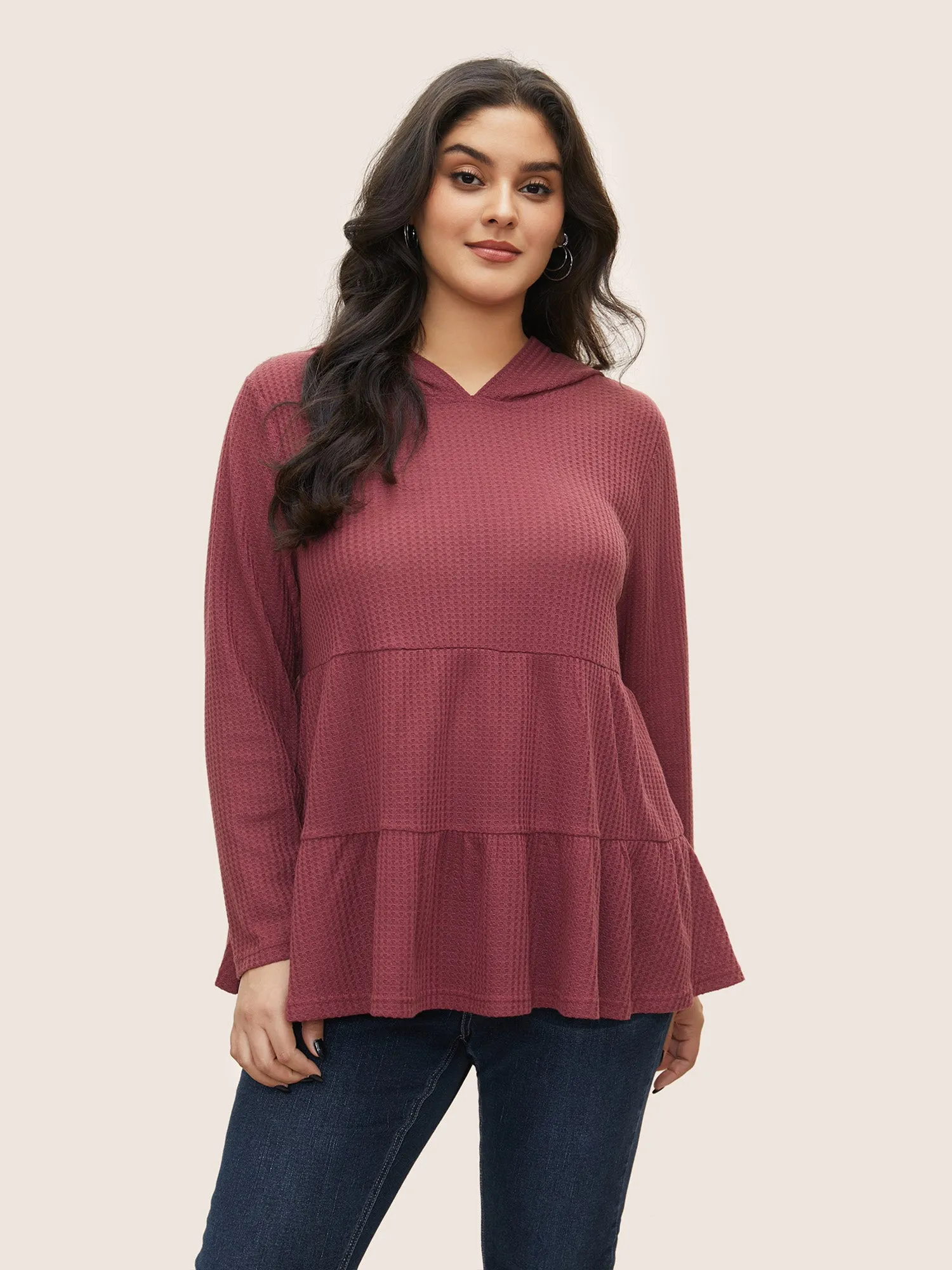 Plain Waffle Knit Ruffle Hem T-shirt sold by Bloomchic