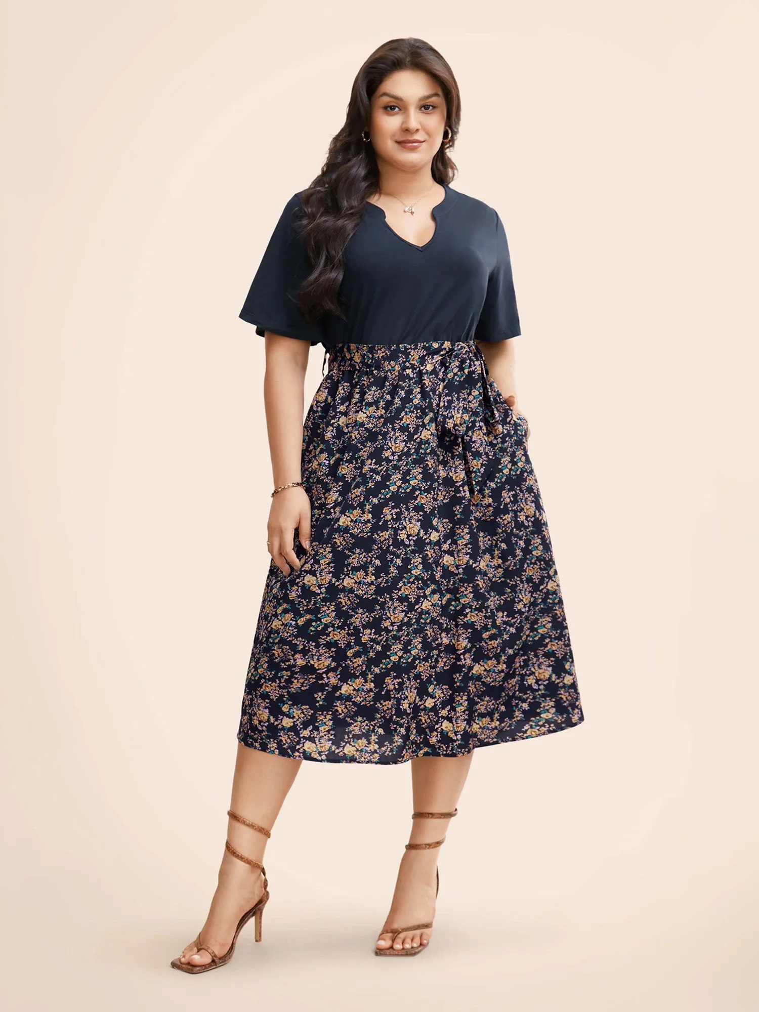 Notched Collar Floral Patchwork Belted Dress sold by Bloomchic
