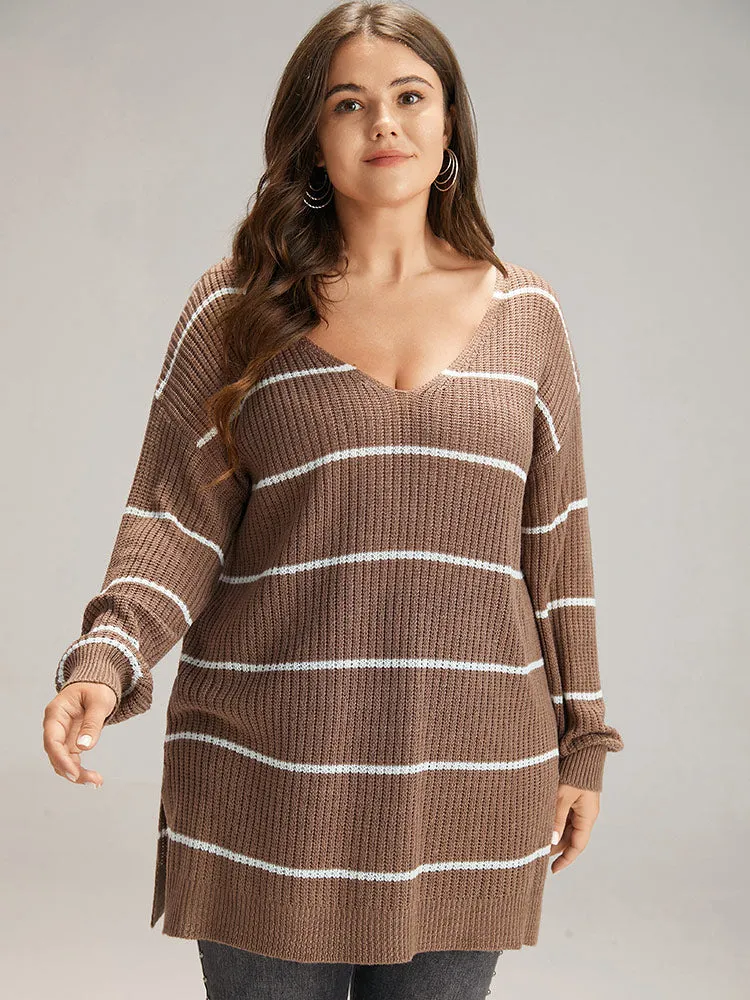 Supersoft Essentials Striped V Neck Split Hem Pullover sold by Bloomchic