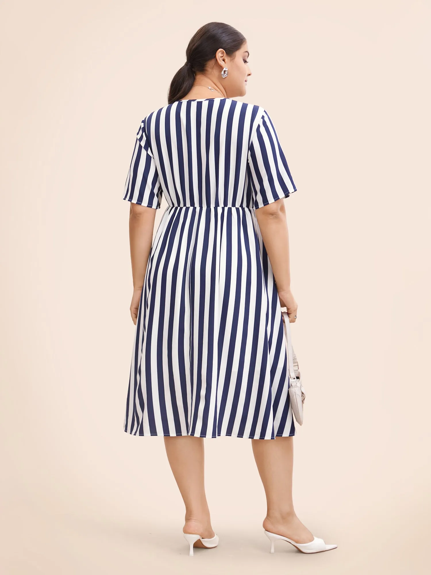Striped Overlap Collar Ruffle Sleeve Midi Dress sold by Bloomchic product image thumbnail 3