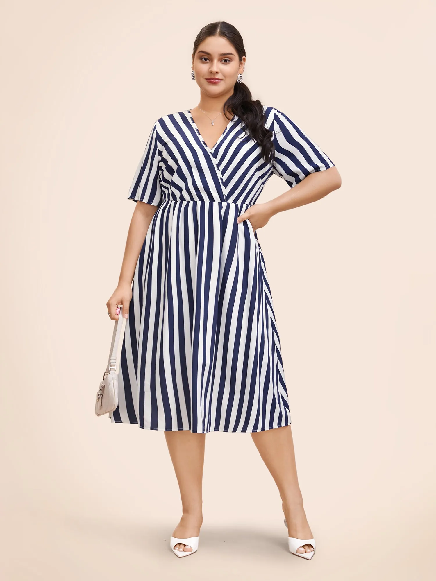 Striped Overlap Collar Ruffle Sleeve Midi Dress sold by Bloomchic product image thumbnail 2