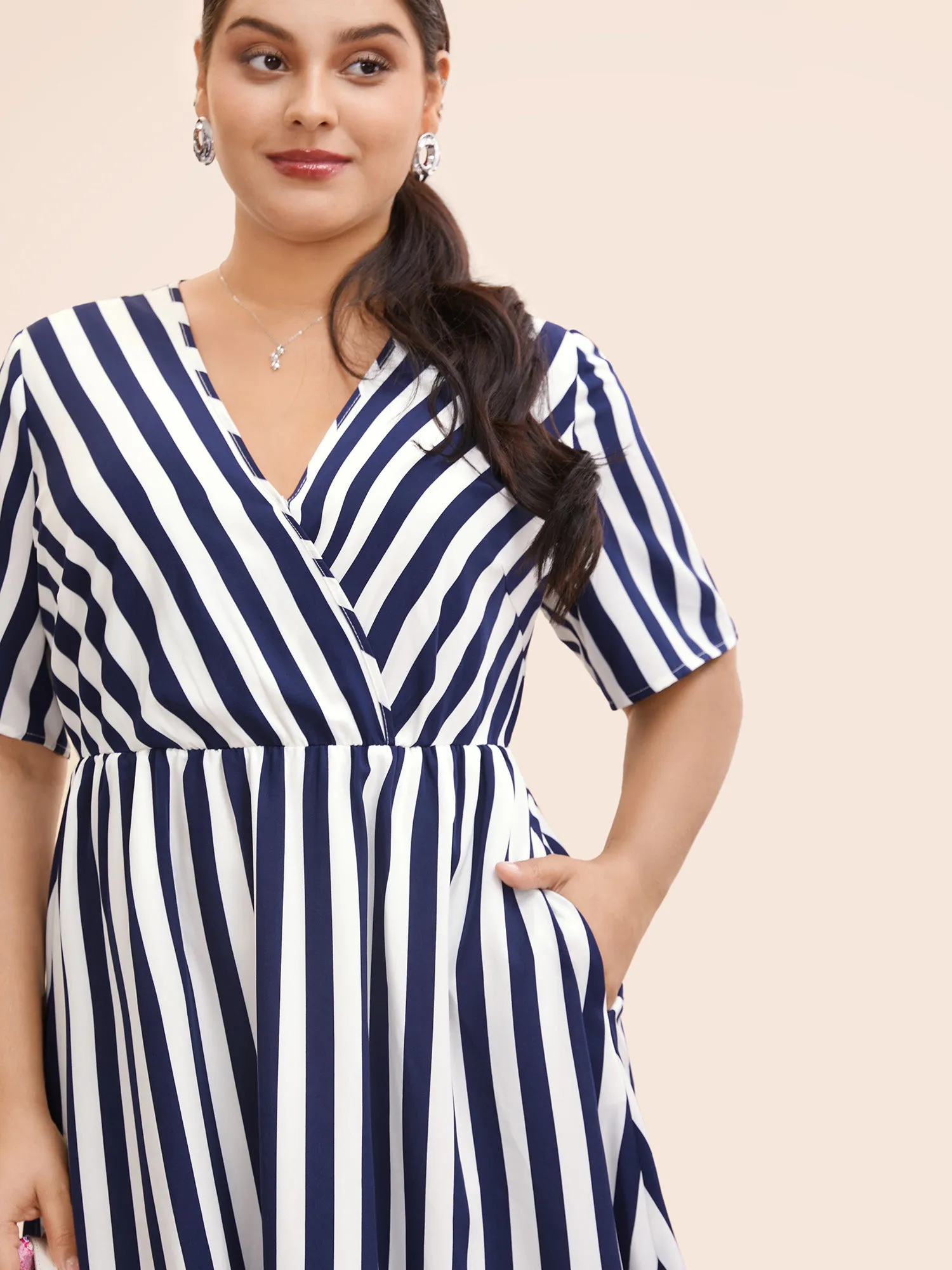 Striped Overlap Collar Ruffle Sleeve Midi Dress sold by Bloomchic product image thumbnail 4