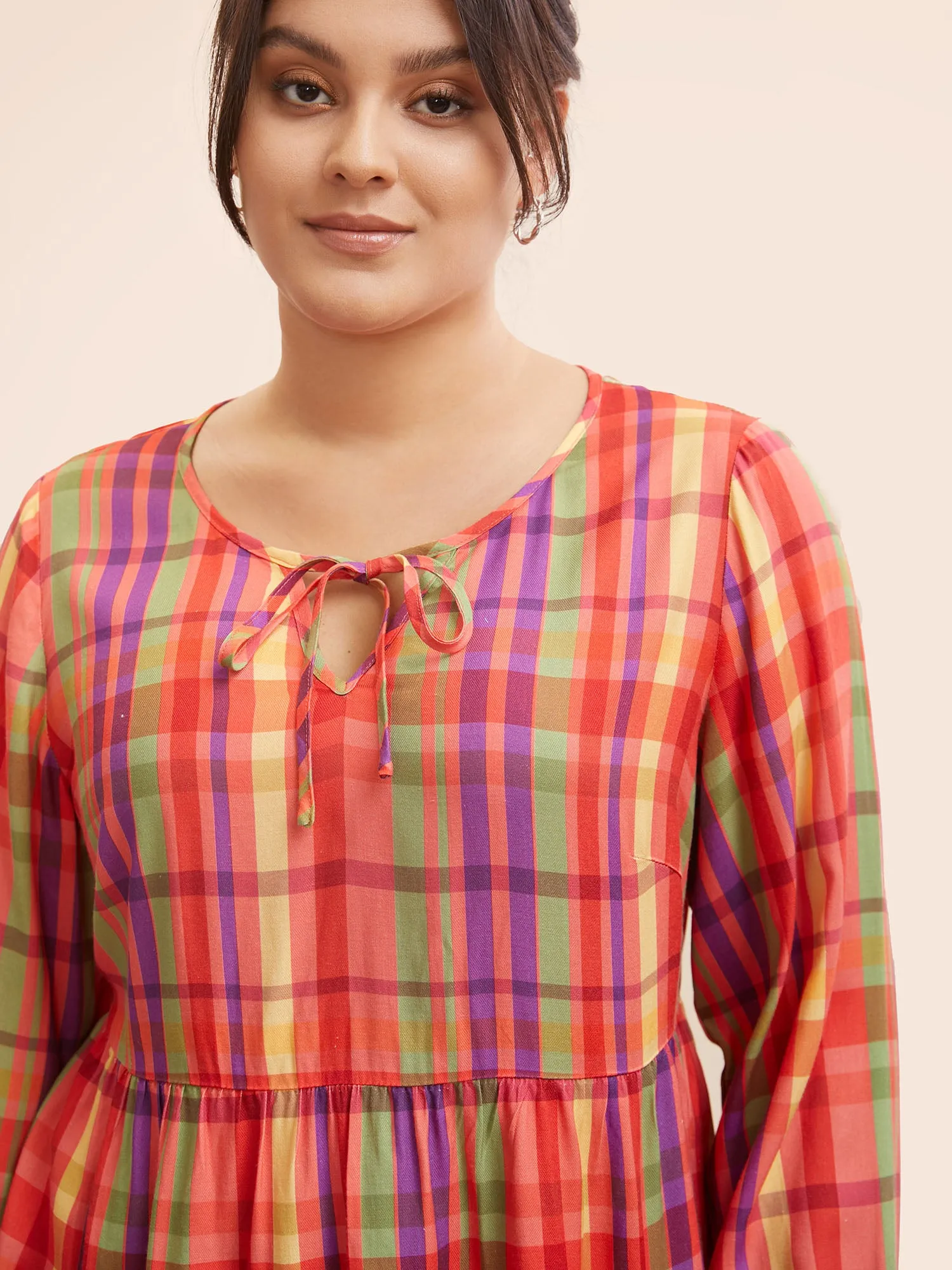 Colored Plaid Tie Knot Ruffle Hem Blouse sold by Bloomchic product image thumbnail 4