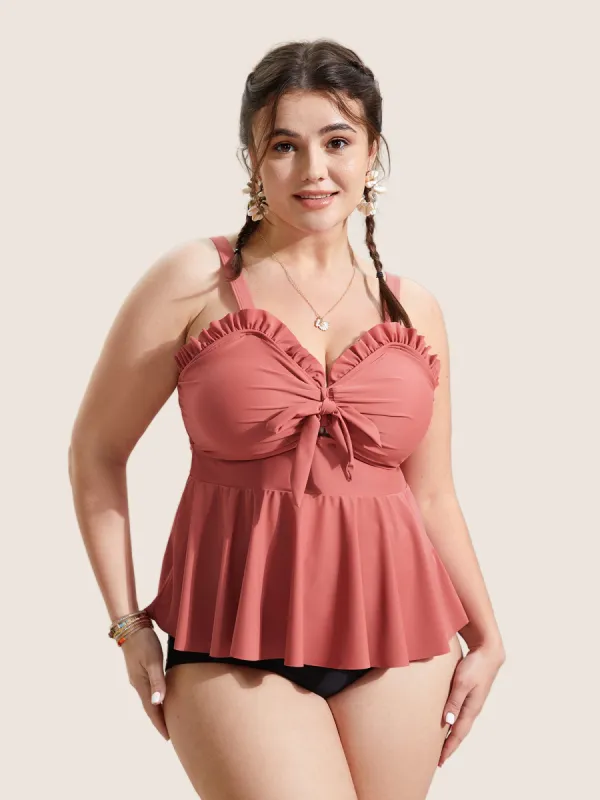 Solid Tie Knot Ruched Frill Trim Swim Top sold by Bloomchic
