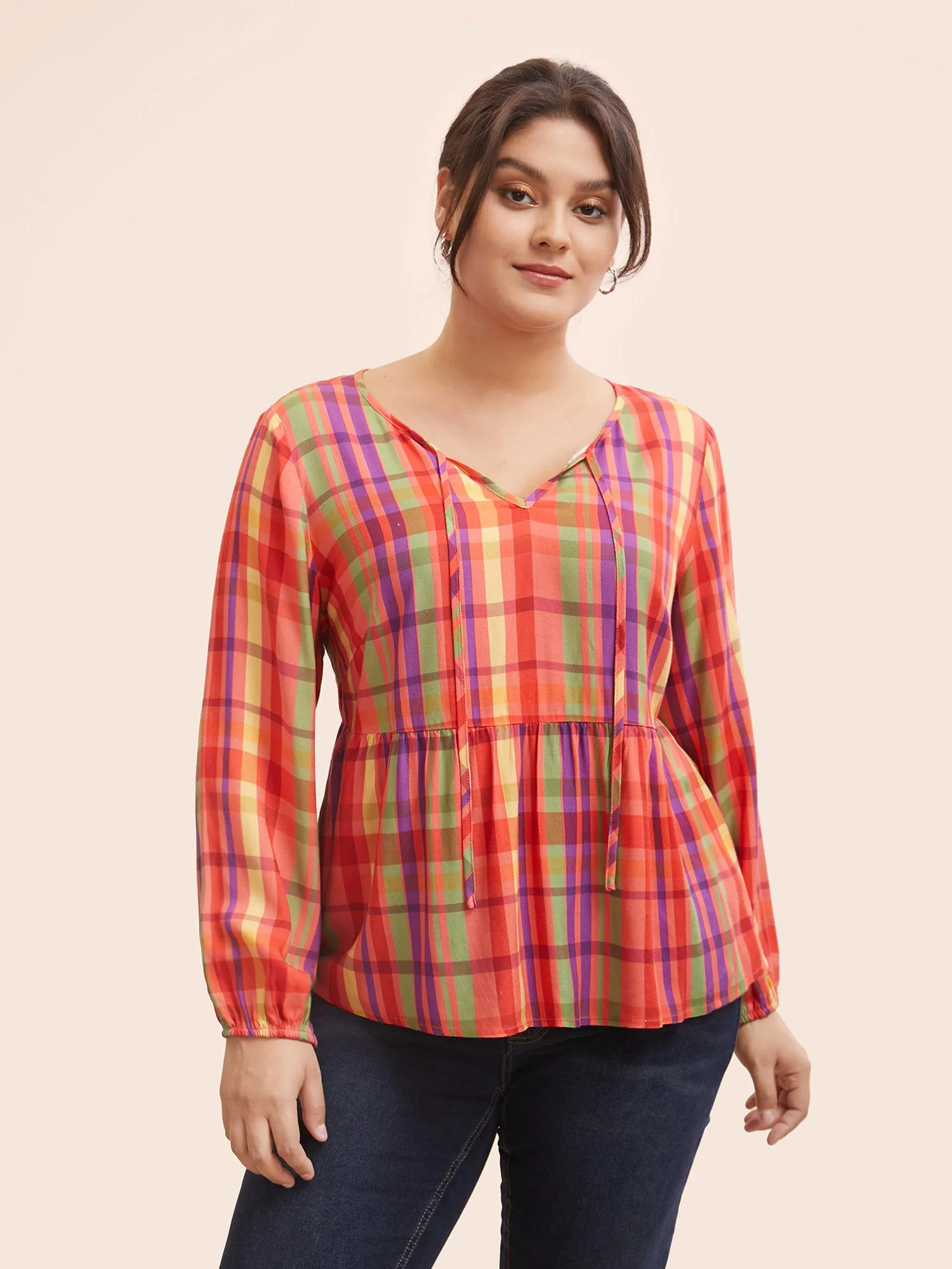 Colored Plaid Tie Knot Ruffle Hem Blouse sold by Bloomchic