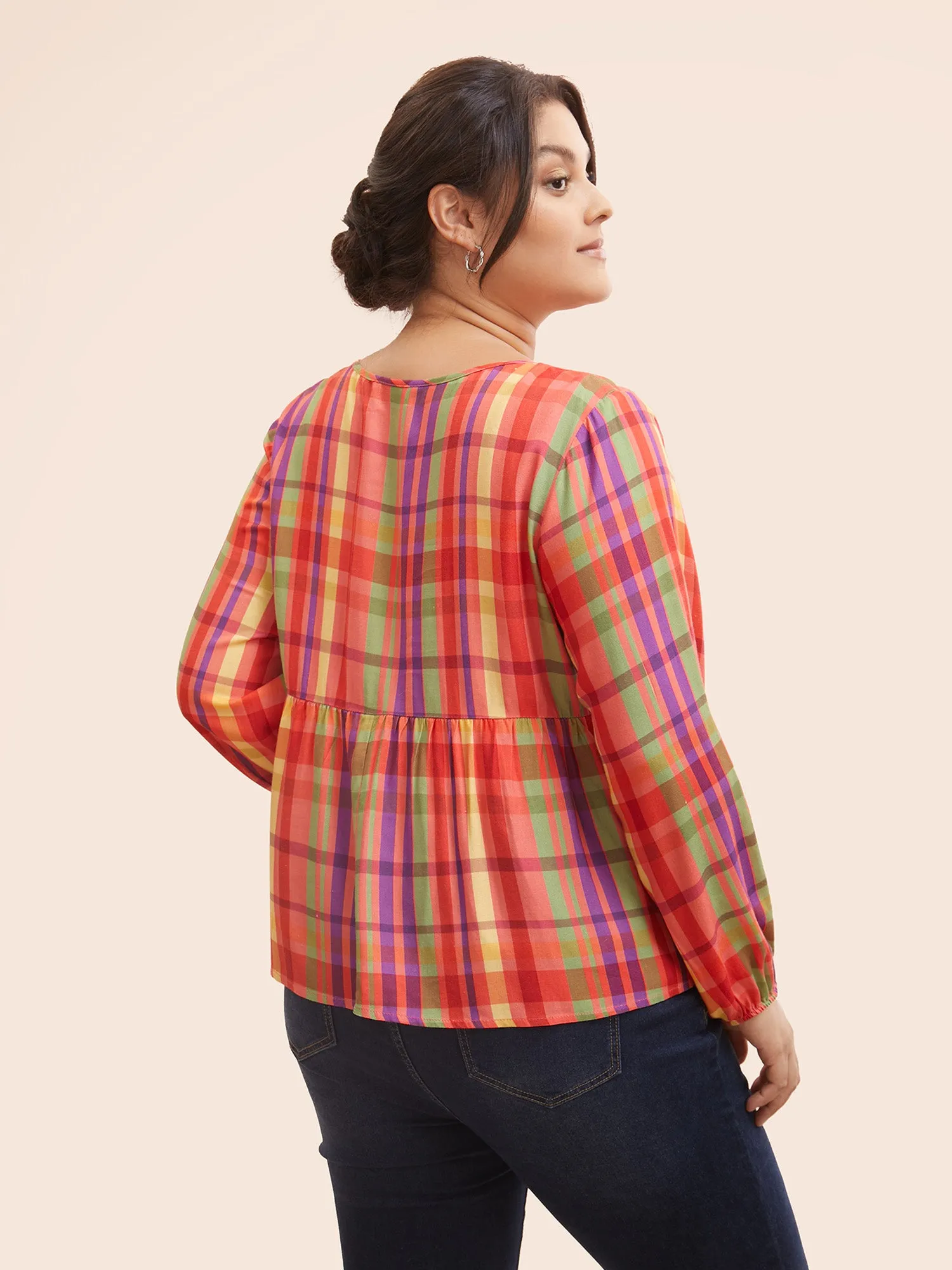 Colored Plaid Tie Knot Ruffle Hem Blouse sold by Bloomchic product image thumbnail 3