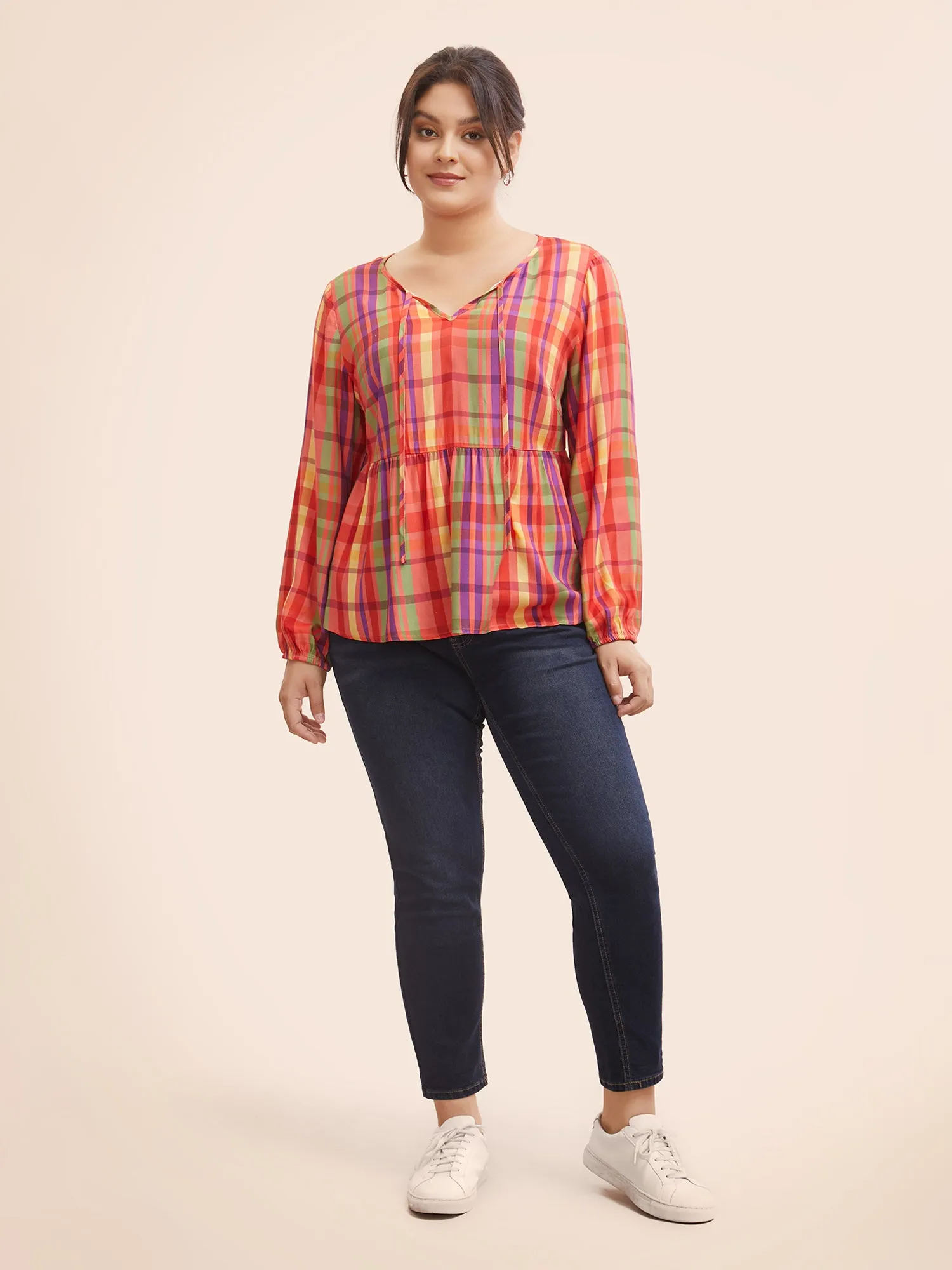 Colored Plaid Tie Knot Ruffle Hem Blouse sold by Bloomchic product image thumbnail 2