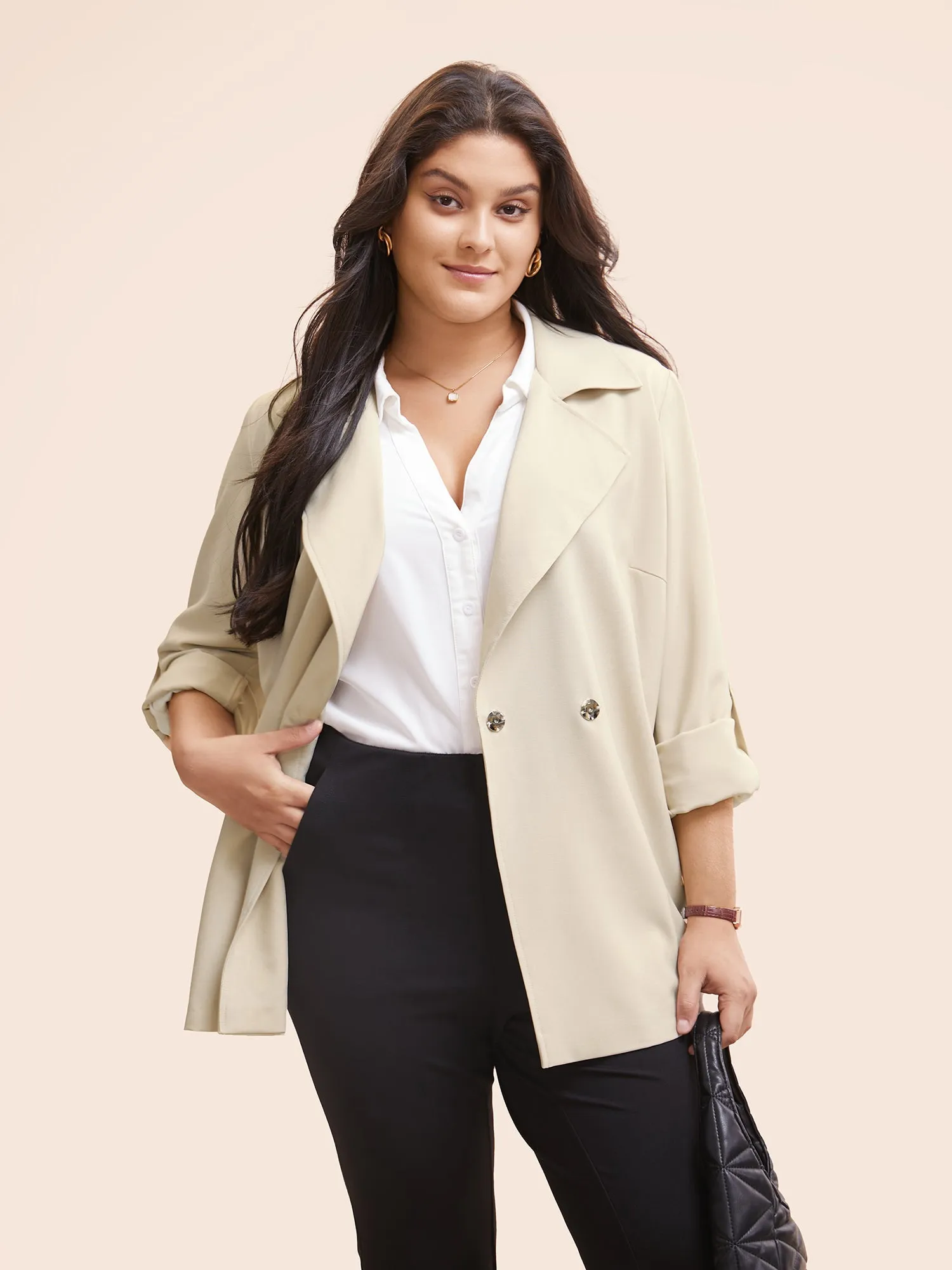 Suit Collar Plain Tab Sleeve Belted Jacket sold by Bloomchic