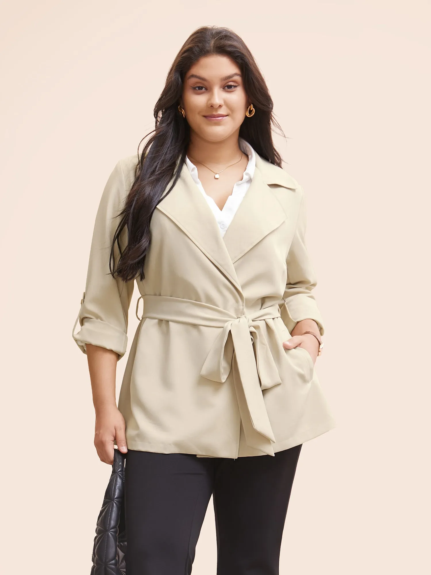 Suit Collar Plain Tab Sleeve Belted Jacket sold by Bloomchic product image thumbnail 2