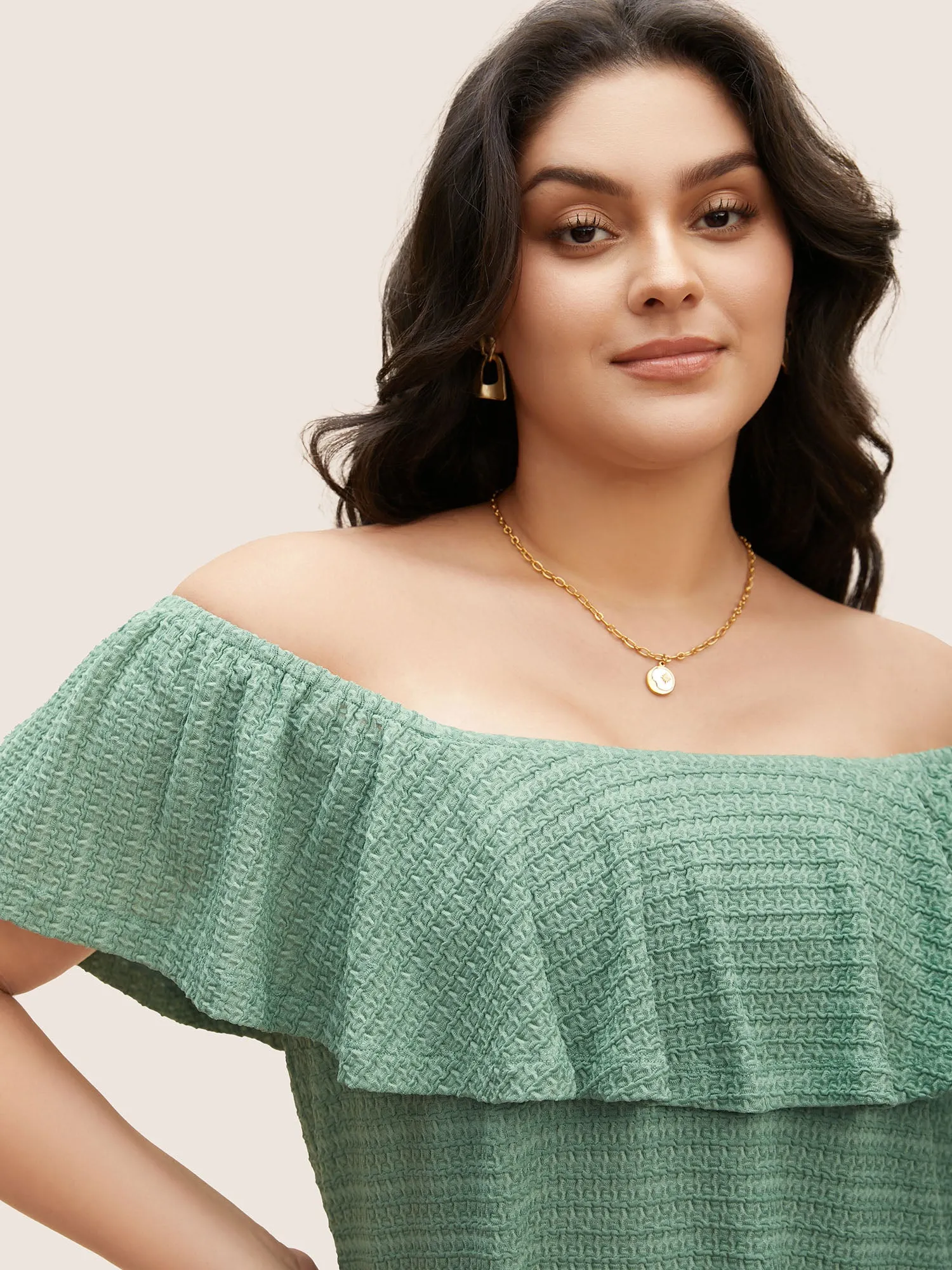Solid Textured Off Shoulder Ruffle Trim T-shirt sold by Bloomchic product image thumbnail 3