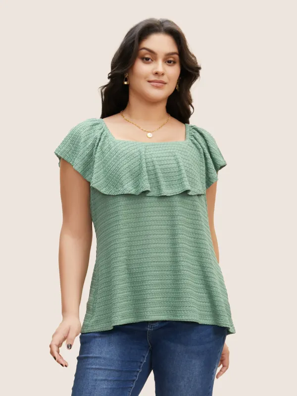Solid Textured Off Shoulder Ruffle Trim T-shirt sold by Bloomchic